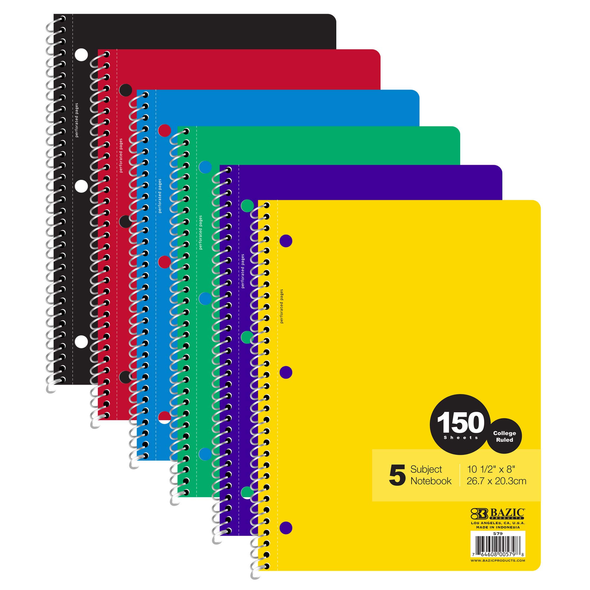 BAZIC 5 Subject College Ruled Spiral Notebook - 150 Sheets, 24-Pack Assorted Colors - Durable Composition Book for School, Office & Note Taking - Perfect for Students, Professionals & Journaling
