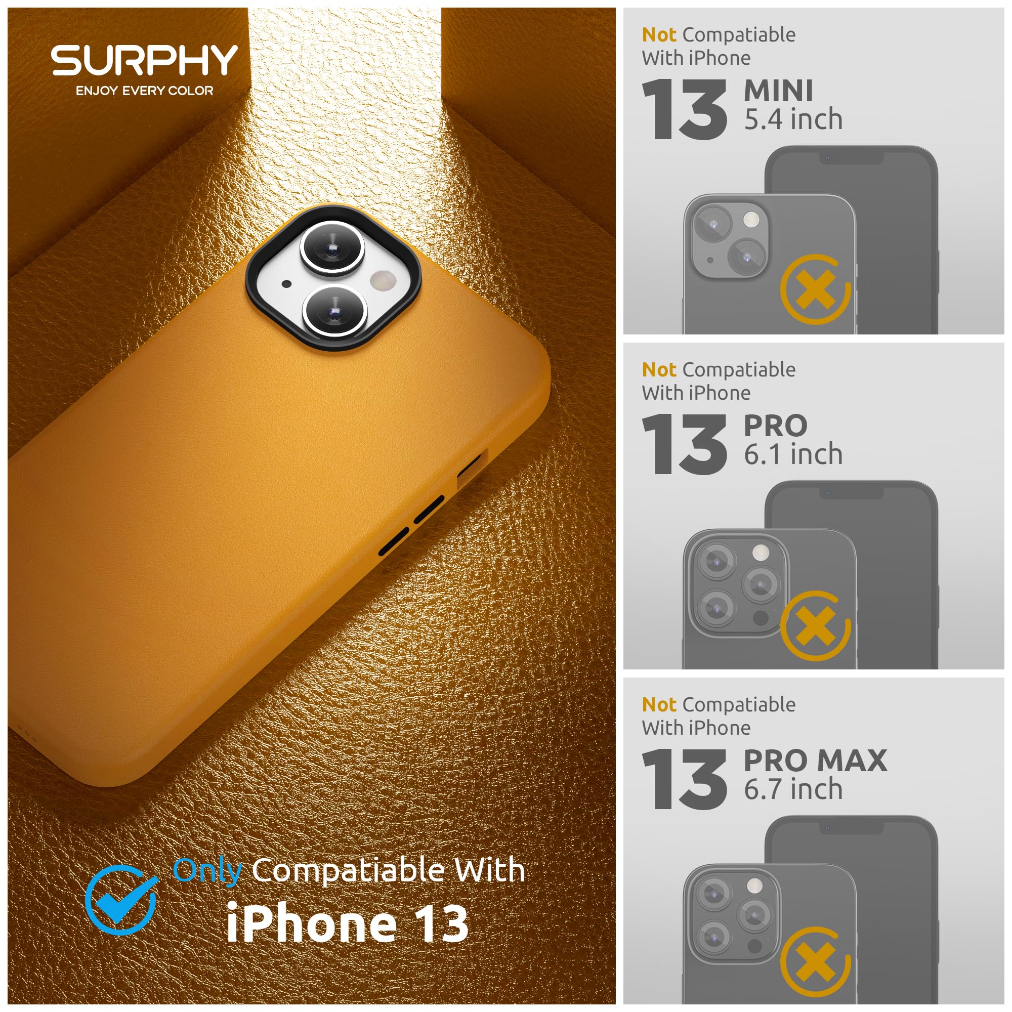 SURPHY Premium Faux Leather iPhone 13 Case (6.1 inch 2021) with Metallic Buttons & Microfiber Lining - Yellow California Poppy | Slim Protective Cover for Everyday Use, Work & Travel