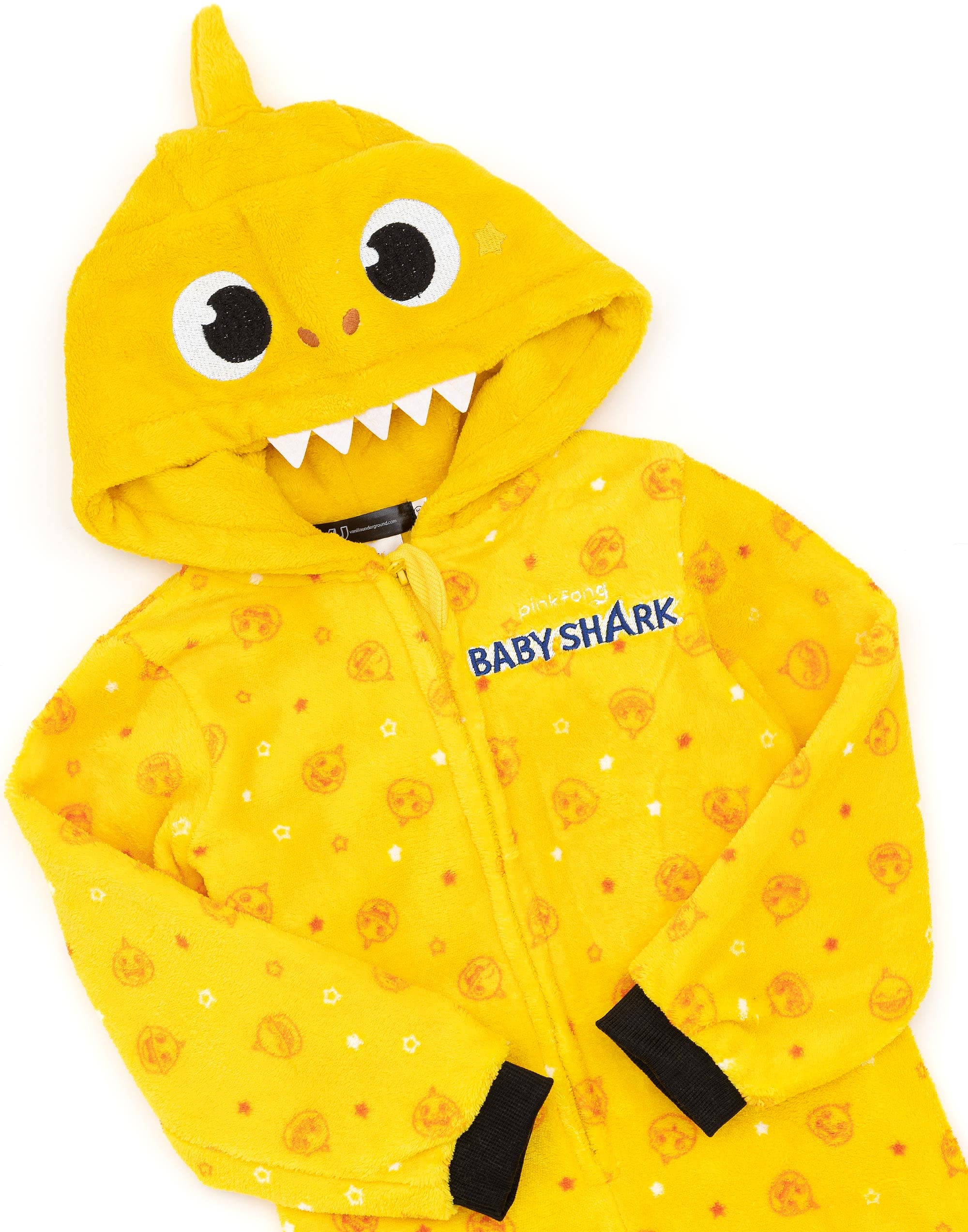 Baby Shark Onesie for Toddlers & Kids - Boys & Girls Yellow Shark PJs with 3D Teeth & Fin | Fleece Zip-Up Hooded Pajamas | Perfect for Shark-Themed Parties, Family Matching Outfits & Cozy Sleepwear
