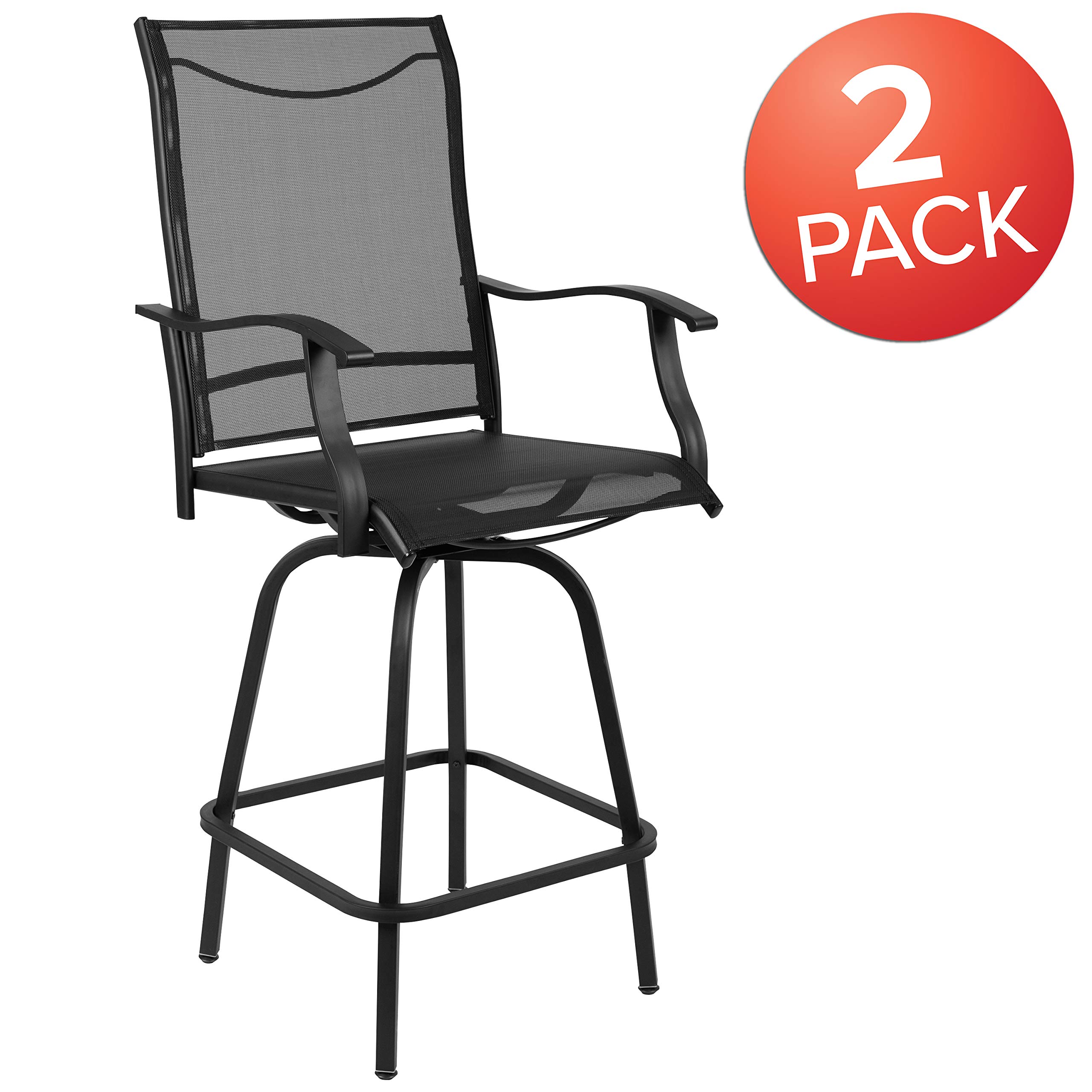 **Black All-Weather Textilene Swivel Bar Height Patio Stools Set of 2 – High Back & Armrests for Outdoor Deck, Garden, or Poolside Relaxation**