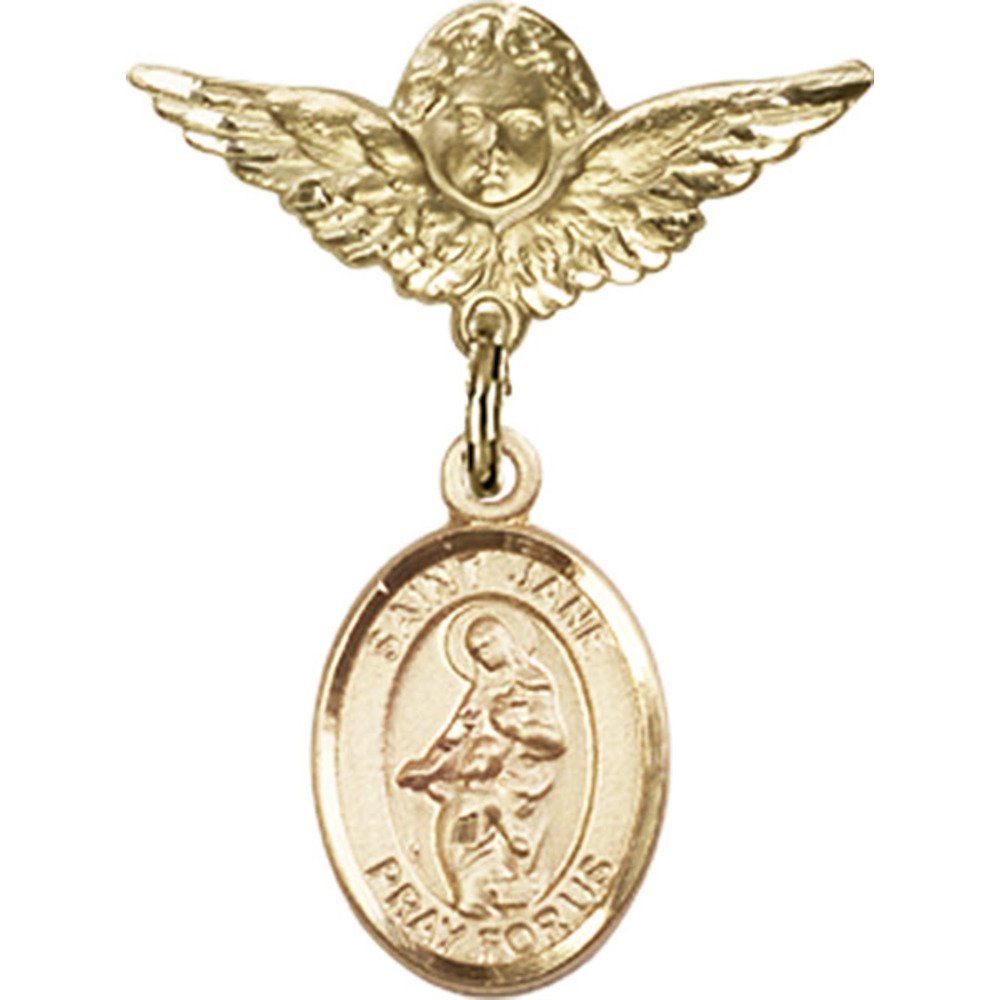 St. Jane of Valois Gold Filled Baby Badge Pin with Angel Wing Charm - 1 x 3/4 Inch Religious Jewelry for Christening, Baptism & First Communion Gifts