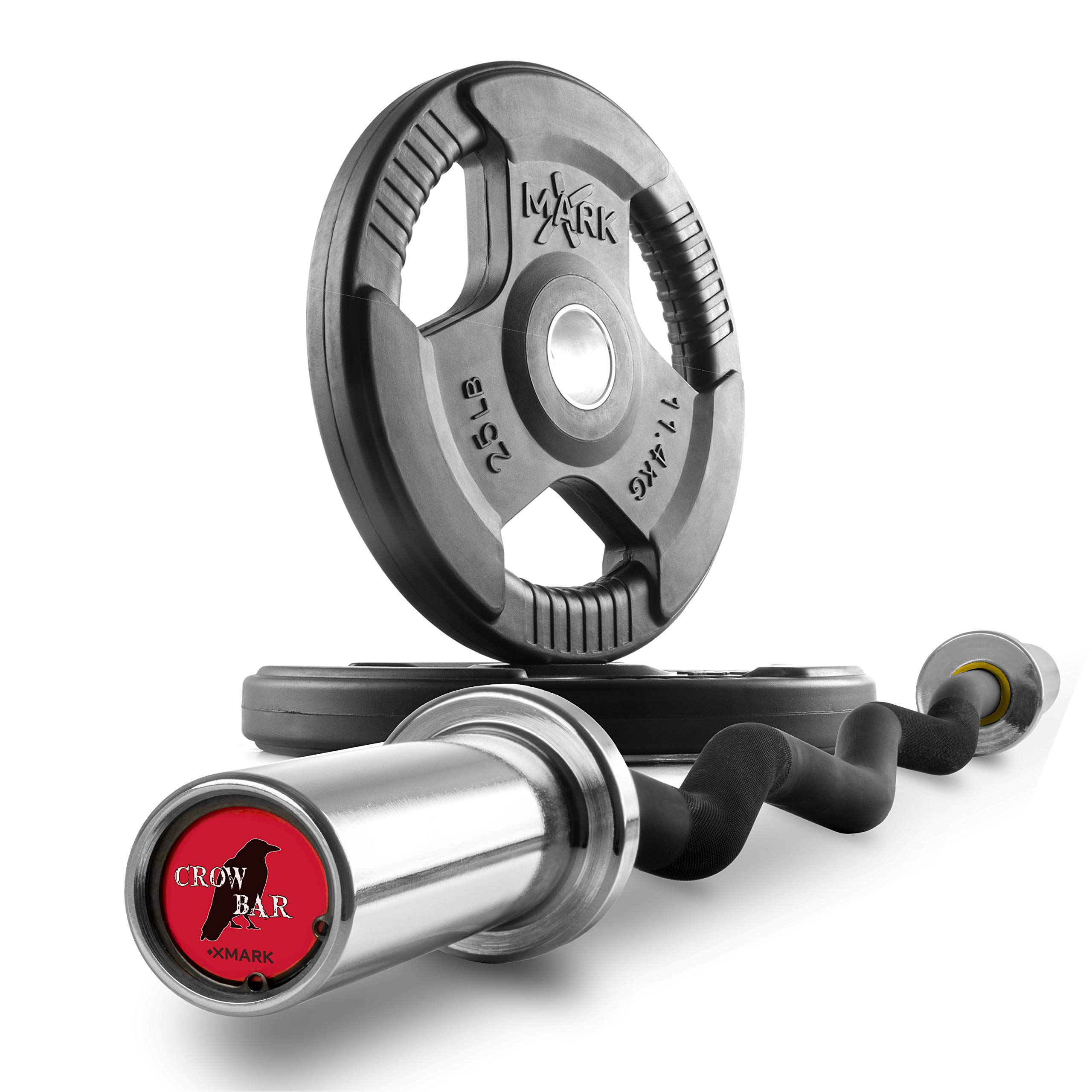 XMark Olympic Weight Set with EZ Curl Bar - 300LB Olympic Barbell Set with TRI-GRIP Weight Plates & CROWBAR-CURL Bar - 2 Inch Biceps & Triceps Workout Equipment for Home Gym Strength Training