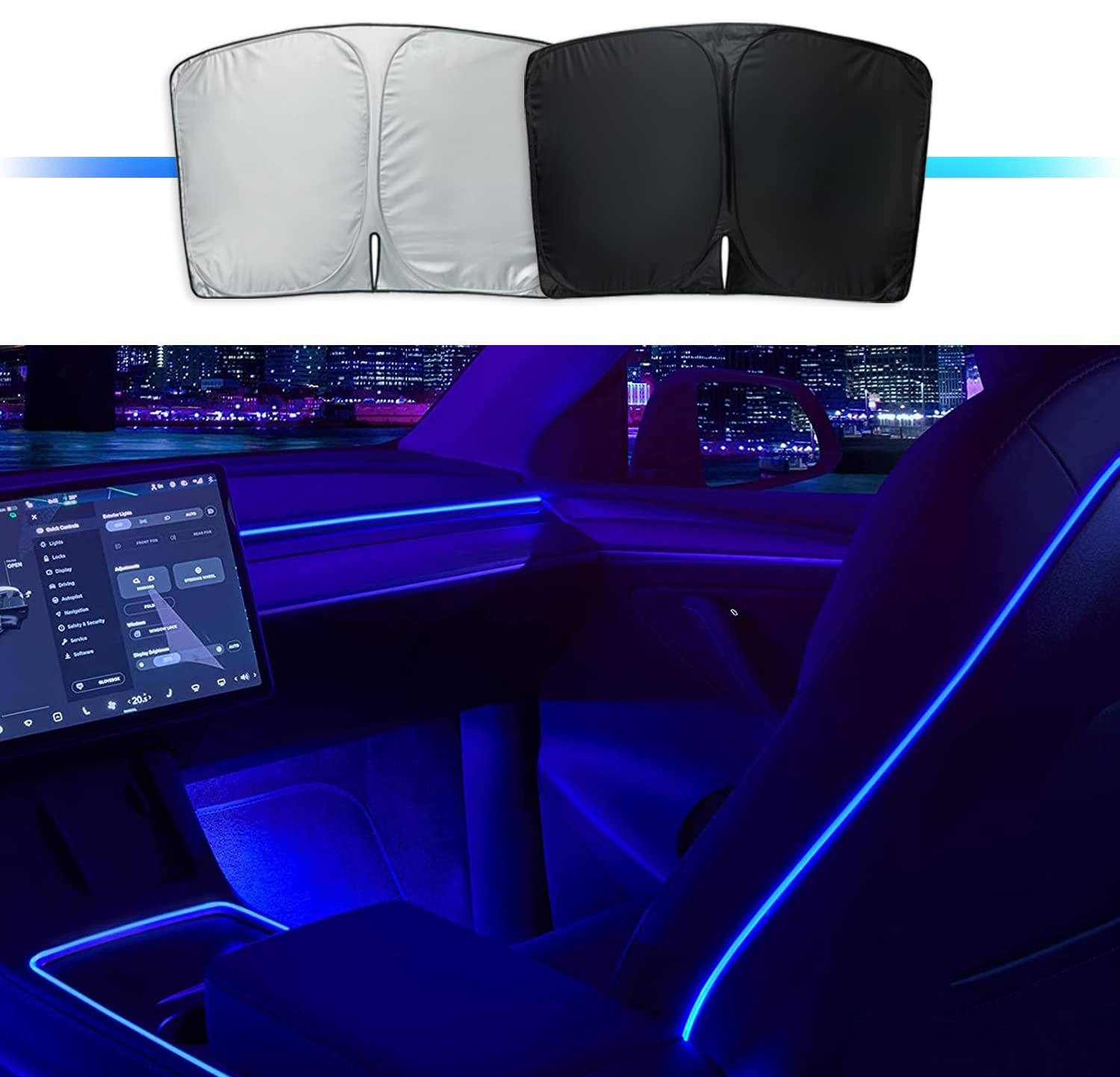 Premium Nestour Windshield Sunshade with Ambient LED Lights for Tesla Model 3/Y (2021-2022) - UV Protection & Interior Cooling Accessories for Road Trips & Summer Parking