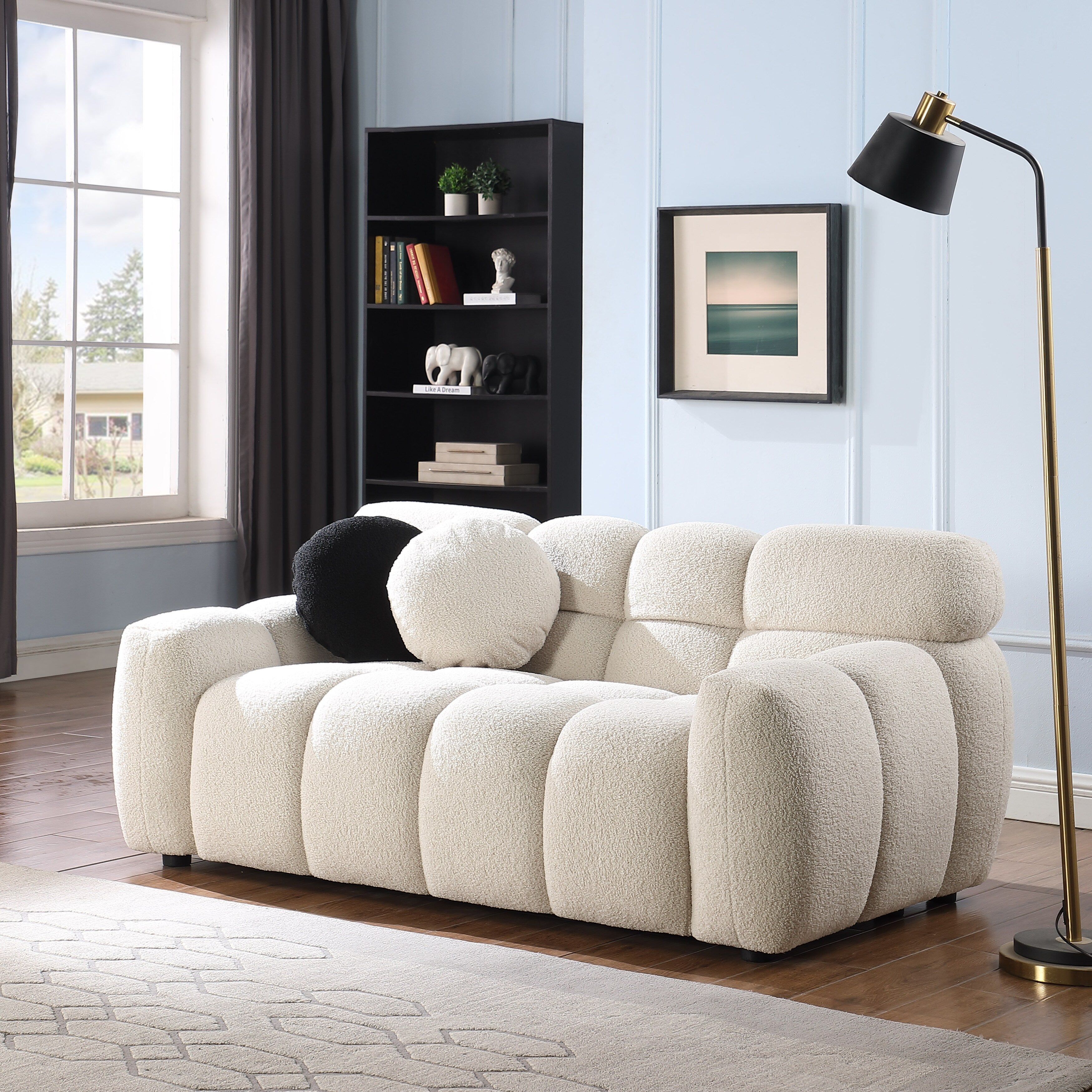 Luxury Beige Boucle 3-Seater Sofa with Marshmallow Design & Plush Cushions - Compact Living Room Furniture for Small Spaces, Apartments & Cozy Home Decor