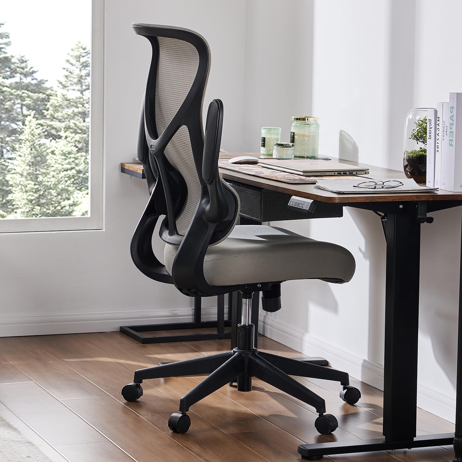 Ergonomic Office Chair with High Back - Adjustable Swivel Rolling Desk Chair with Flip-Up Arms & Breathable Mesh - Comfortable for Home Office, Gaming & Work - Grey