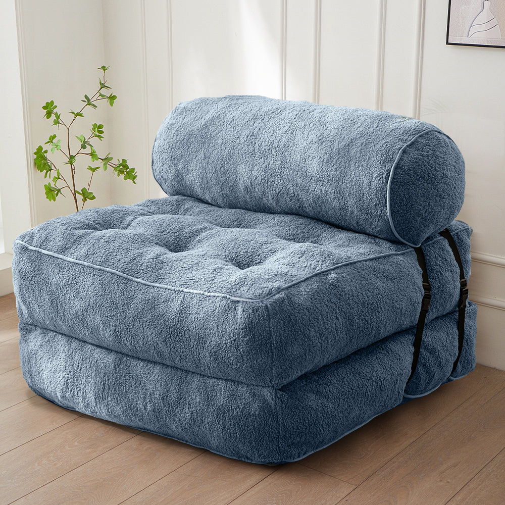 MAXYOYO Folding Sofa Bed - Convertible Boucle Sleeper Chair with Bolster Pillow, Multi-Functional Floor Sofa Lounge for Living Room & Bedroom in Dusty Blue | Perfect for Small Spaces, Guest Rooms & Apartment Living