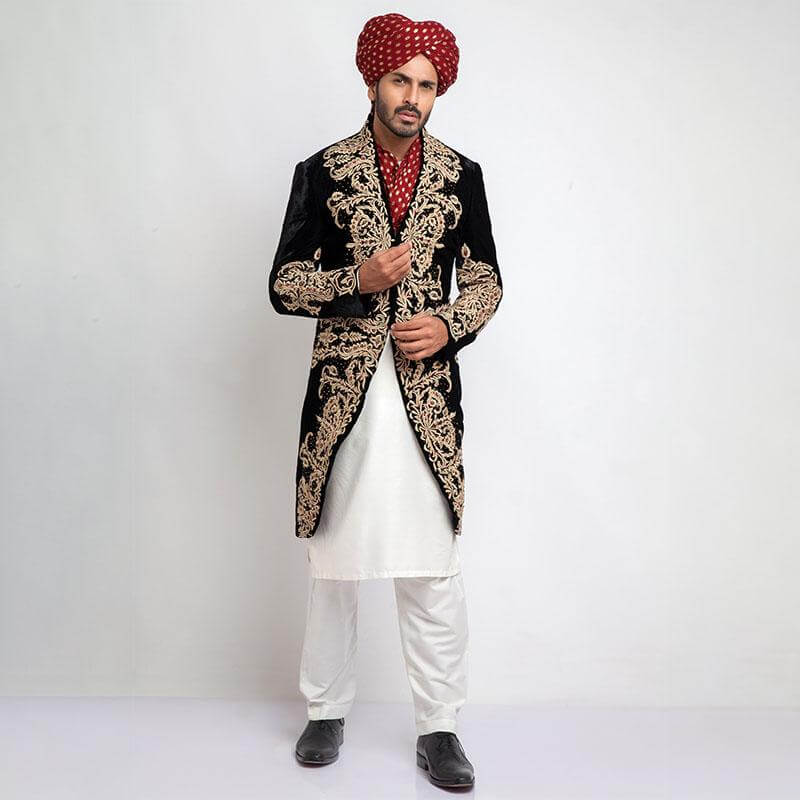 Elegant Black Sherwani for Men with Intricate Anchor Thread Embroidery - Perfect for Weddings, Festivals & Special Occasions