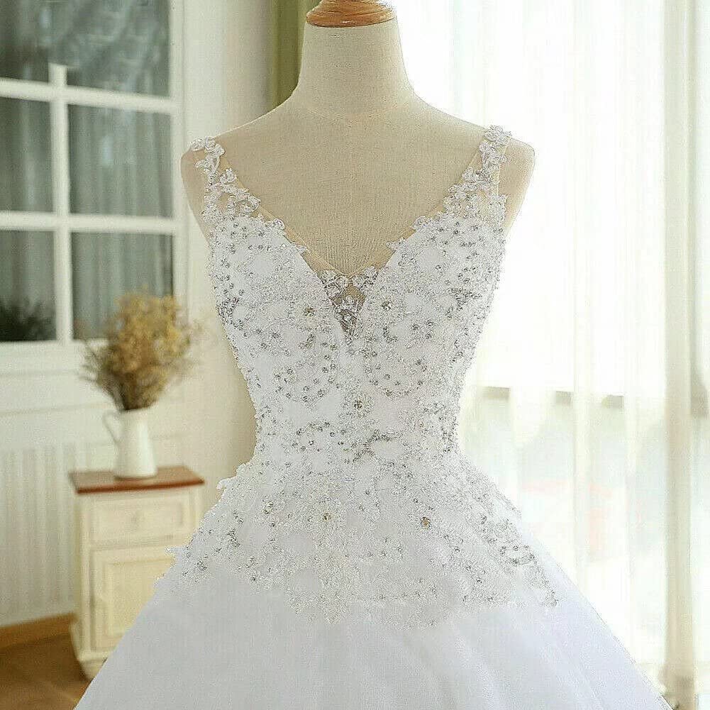 TRHTX Women's V-Neck Lace Wedding Dress with Beaded Appliques - Elegant Sleeveless White Bridal Gown for Bride | Perfect for Church Ceremonies, Beach Weddings & Formal Receptions