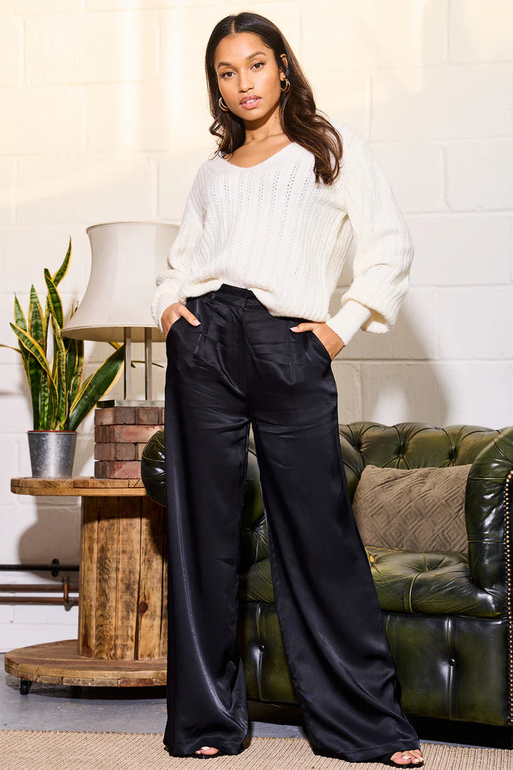 MIKA Satin Wide Leg Pants for Women - High Waist Black Dress Trousers - Office Work, Party & Evening Wear