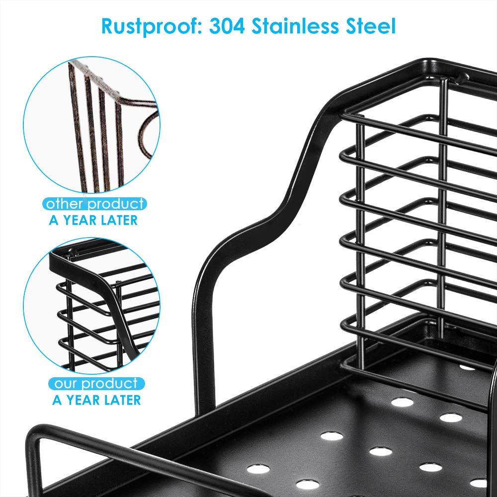 Stainless Steel Sink Caddy Organizer with Removable Drain Tray - Kitchen Sponge, Brush & Soap Holder - Black Countertop Sink Organizer for Kitchen, Bathroom & Laundry Room