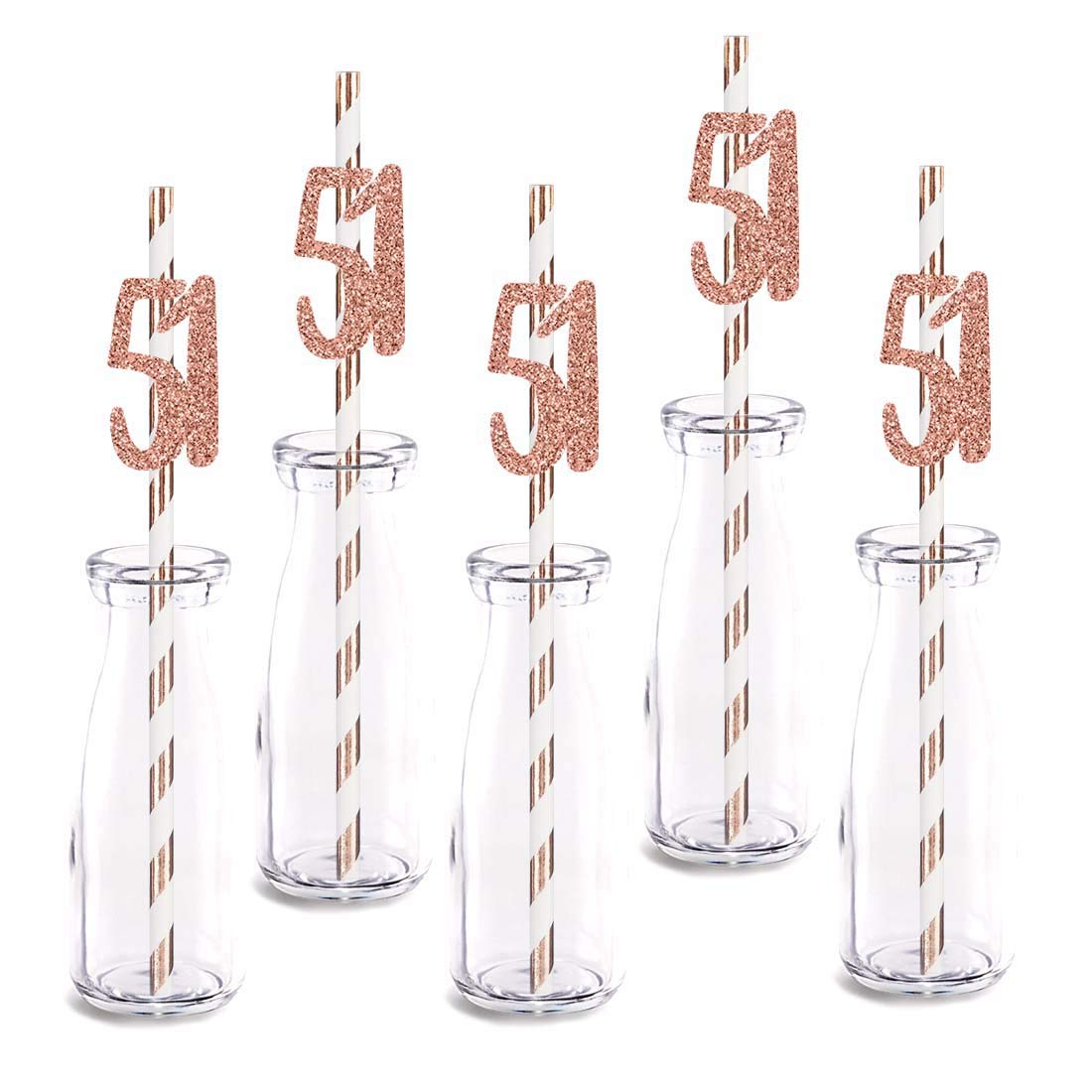 51st Birthday Party Straws - Rose Gold Glitter 51 Cut-Out Decorations (24pcs) | Elegant Drinking Straws for Birthday Celebrations, Anniversaries & Special Events