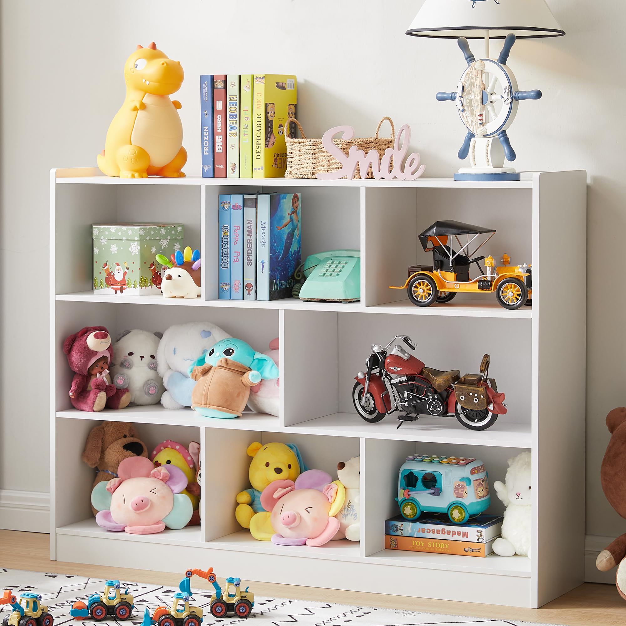 3-Tier Wooden Bookshelf with 8 Sections - Sturdy Storage Organizer with Anti-Tilt Safety Device - Modern Bookcase for Living Room, Classroom & Kids Room - White - Perfect for Home Office, Dormitory & Nursery Organization - Ideal for Small Spaces, Book Lovers & Minimalist Home Decor
