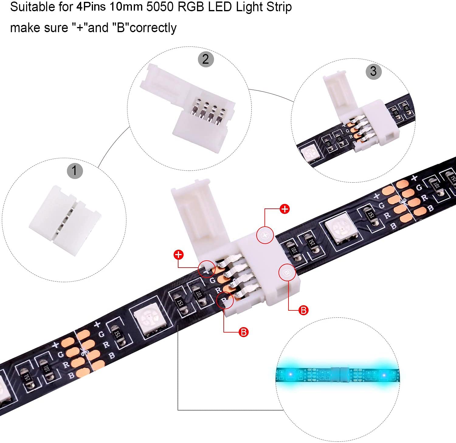 10-Pack T-Shape 4-Pin LED Connectors - 10mm Wide Solderless Gapless Adapter for 5050/3528 SMD RGB LED Strip Lights - 12V 72W Terminal Extension - Perfect for Home Lighting, DIY Projects, and LED Strip Installations