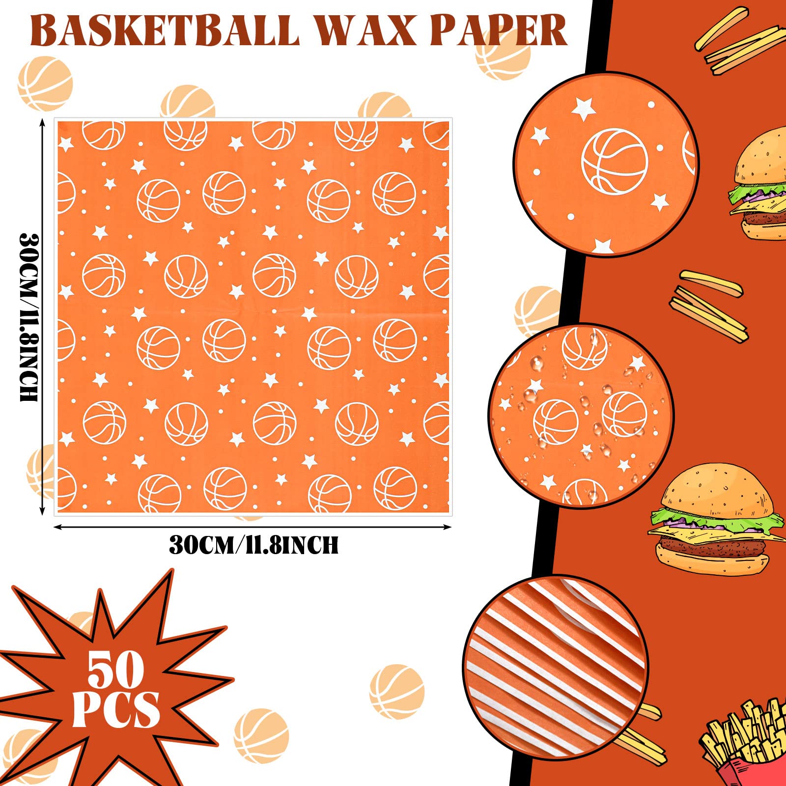 Marsui 100-Pack Basketball Party Supplies - Disposable Paper Food Trays & Wax Paper Sheets for Sports Themed Birthday Parties, Golf, Softball, Soccer & Baseball Events | Perfect for Game Day Snacks, Tailgating & Team Celebrations