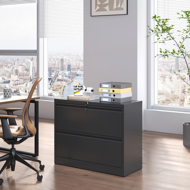 2-Drawer Lateral File Cabinet with Lock - Black Metal Filing Cabinet for Home Office, Steel Storage Cabinet for Letter/Legal/F4/A4 Files with Hanging Bars - Perfect for Organizing Documents in Office, Study Room or Home Workspace (Assembly Required)