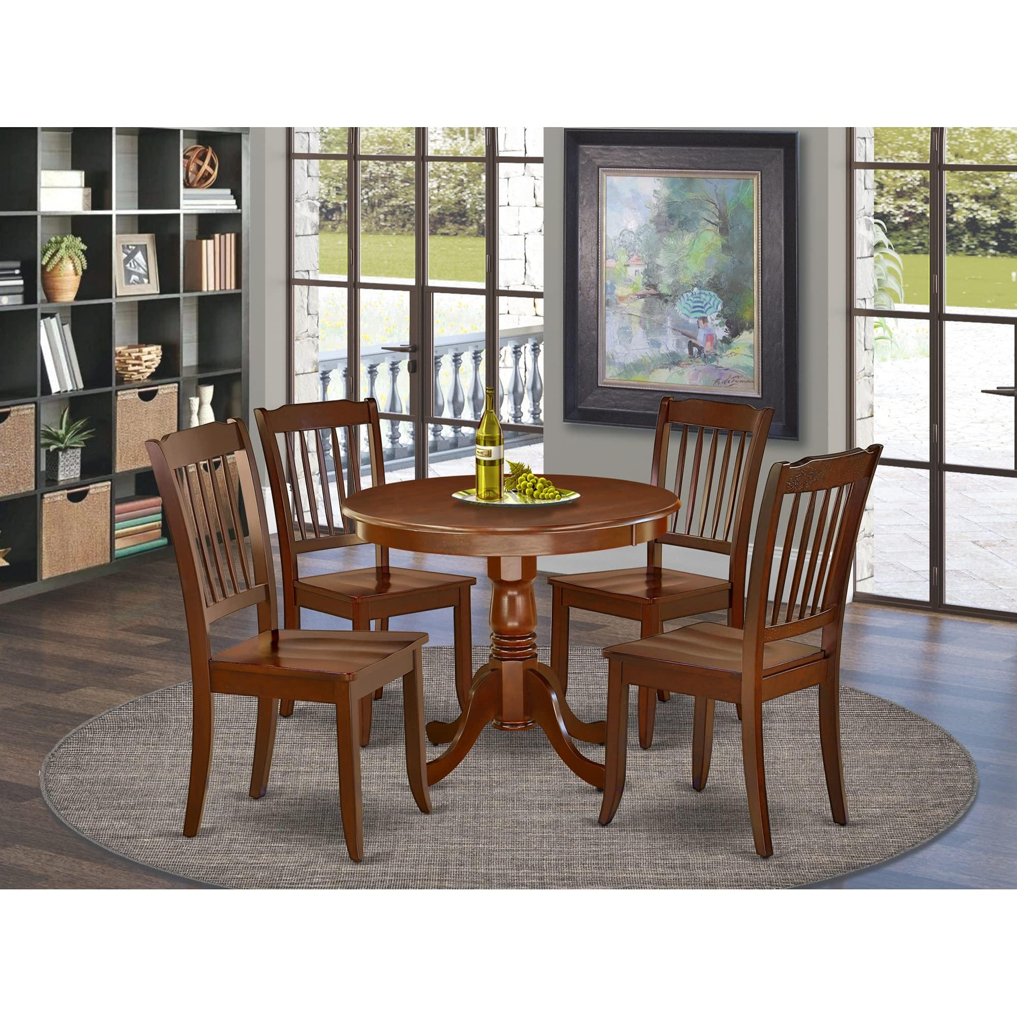 East West Furniture ANDA5-MAH-W 5-Piece Round Dining Table Set with Pedestal Base & 4 Chairs - 36x36 Inch Mahogany Kitchen Table for Small Spaces, Breakfast Nook, Apartment Dining Room
