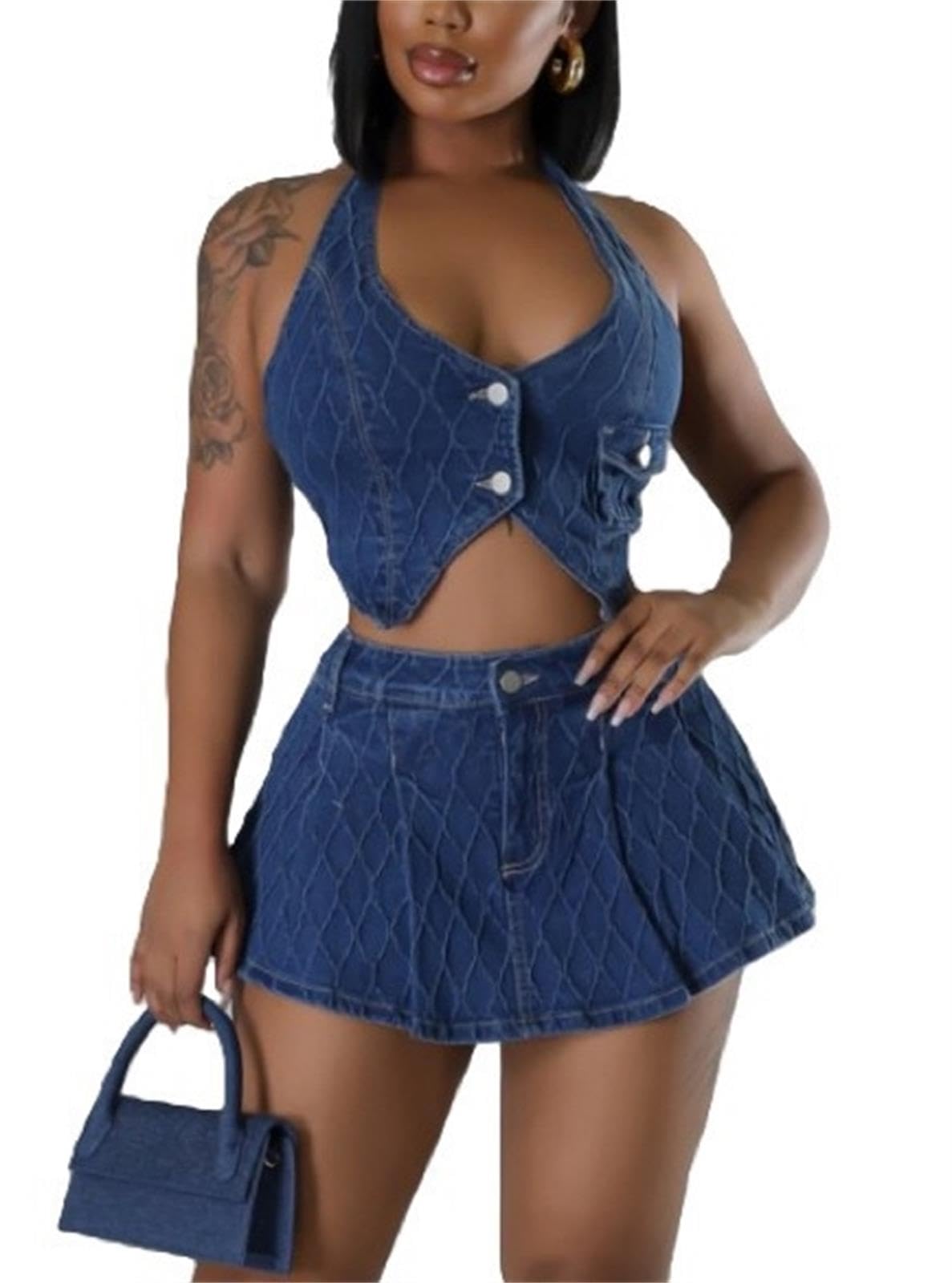 Stylish Women's 2-Piece Denim Skirt Set - Sexy Halter Tank Top & Jean Skort for Summer, Party & Night Out | Perfect for Club, Beach & Casual Wear