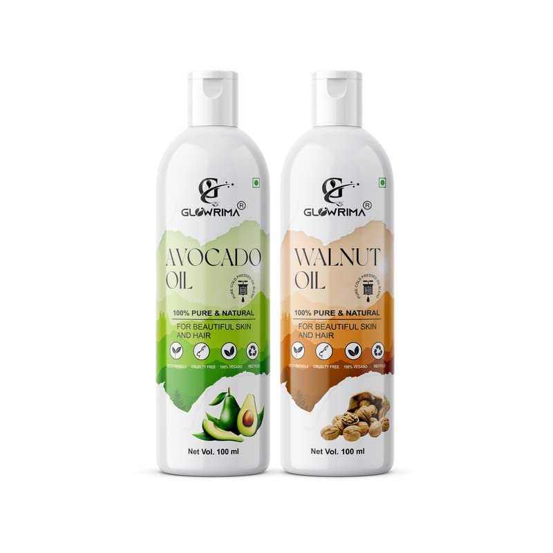 Glowrima 100% Pure Avocado Oil & Walnut Oil Combo (100ML Each) - Promotes Hair Growth, Reduces Hair Fall & Split Ends for Softer, Shinier Hair - Pack of 2 - Perfect for Daily Hair Care & Scalp Massage