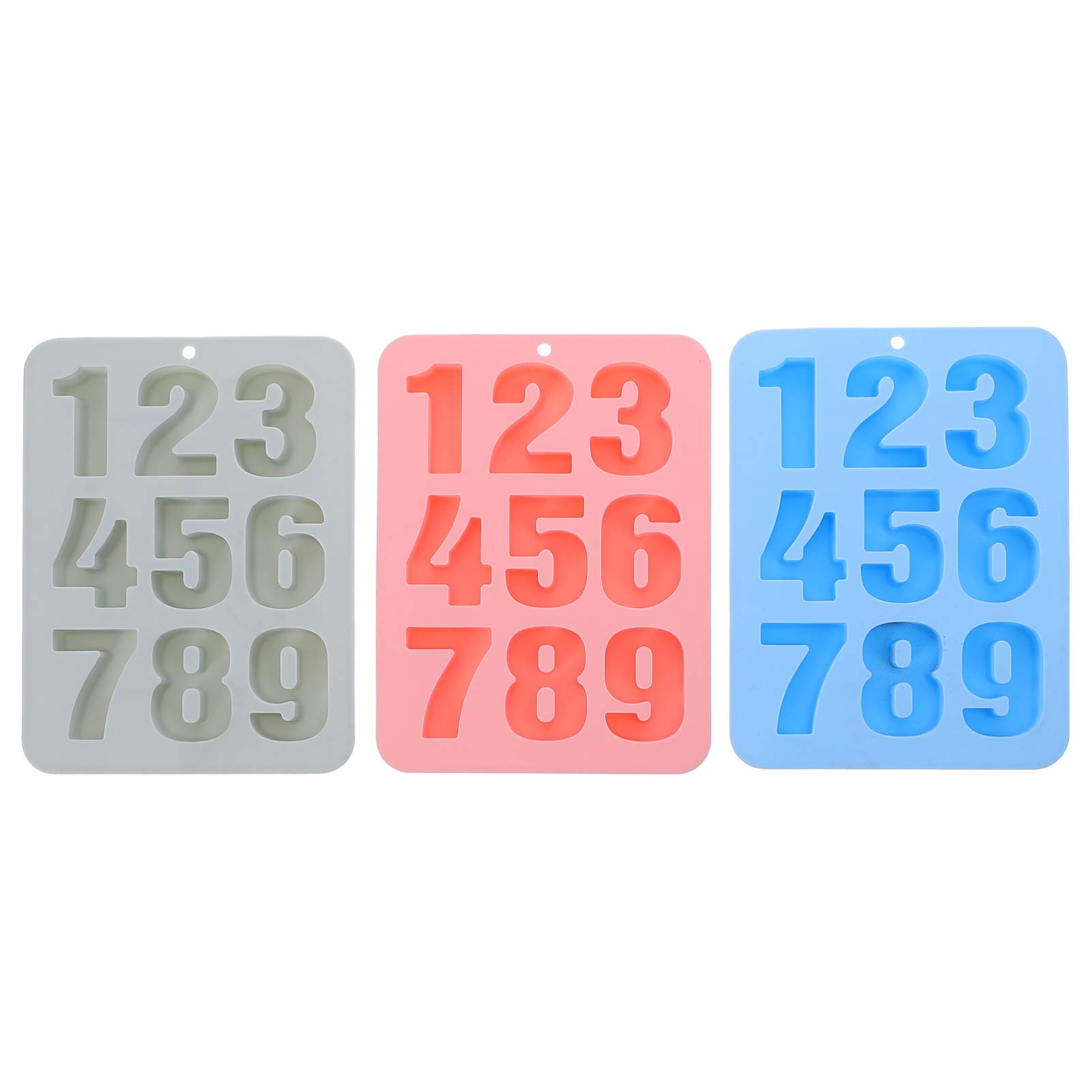 DOITOOL 3-Piece Silicone Number Ice Molds Set - Reusable Candy, Fondant & Chocolate Baking Molds - 9-Cube Ice Tray for Coffee, Milk, Whiskey & Cocktails (Blue, Gray, Pink) - Perfect for Parties, Baking & Drink Decorations
