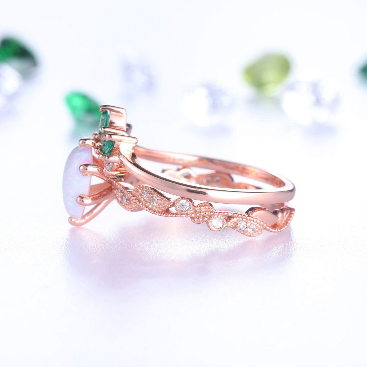 Opal Ring Set for Women - Pear Cut Opal Engagement Ring with Emerald Diamond Matching Band in Rose Gold | Wedding, Anniversary & Special Occasion Jewelry Gift