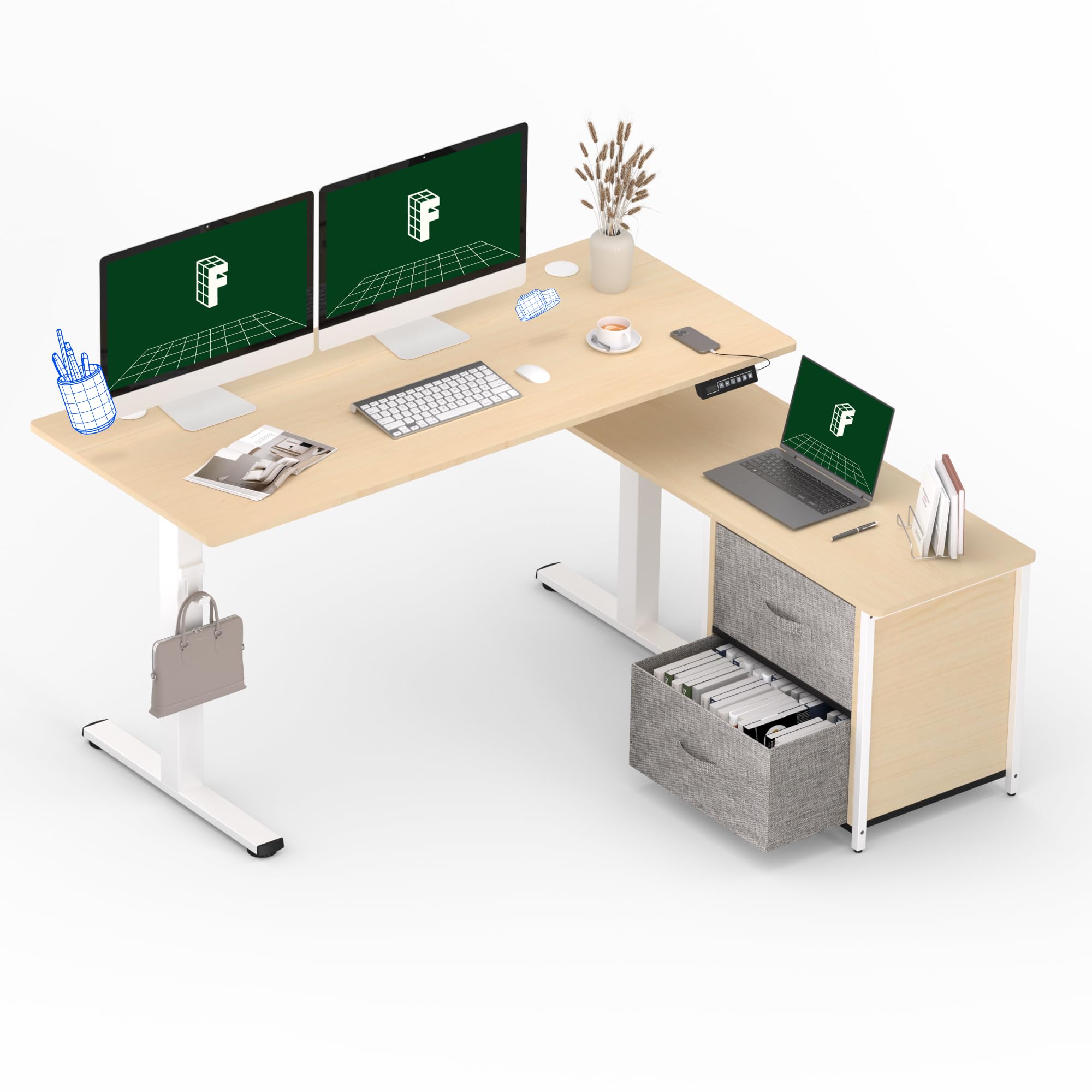 FLEXISPOT 55 Inch L-Shaped Standing Desk with Drawers & Shelves - Large Corner Computer Desk with Headphone Hooks, Light Wood Grain Top & White Frame - Perfect for Home Office, Gaming Setup & Workspace Organization