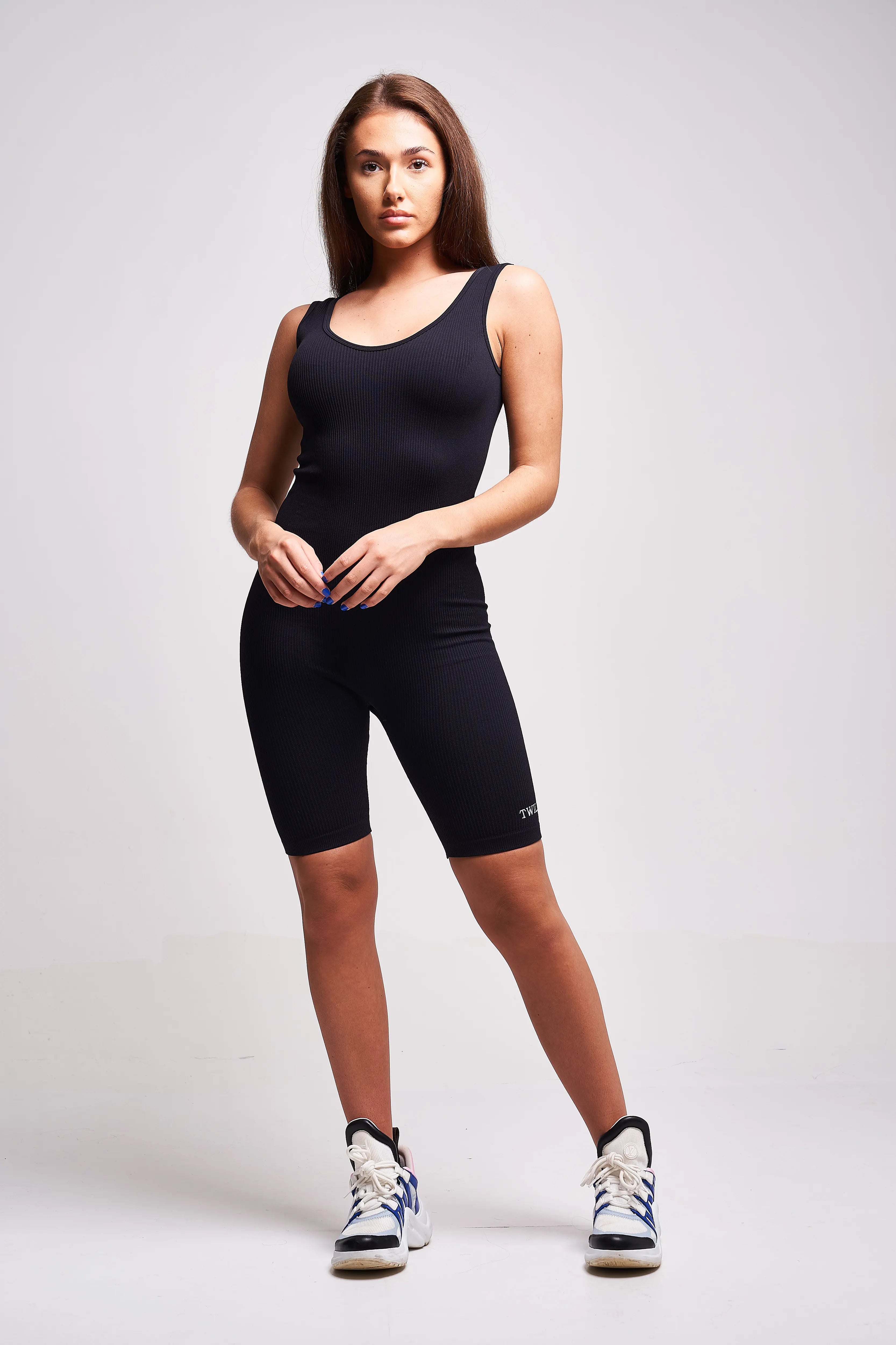 CELARA Recycled Rib Plunge Neck Playsuit - Black | Sustainable Women's Jumpsuit for Casual Wear & Night Out