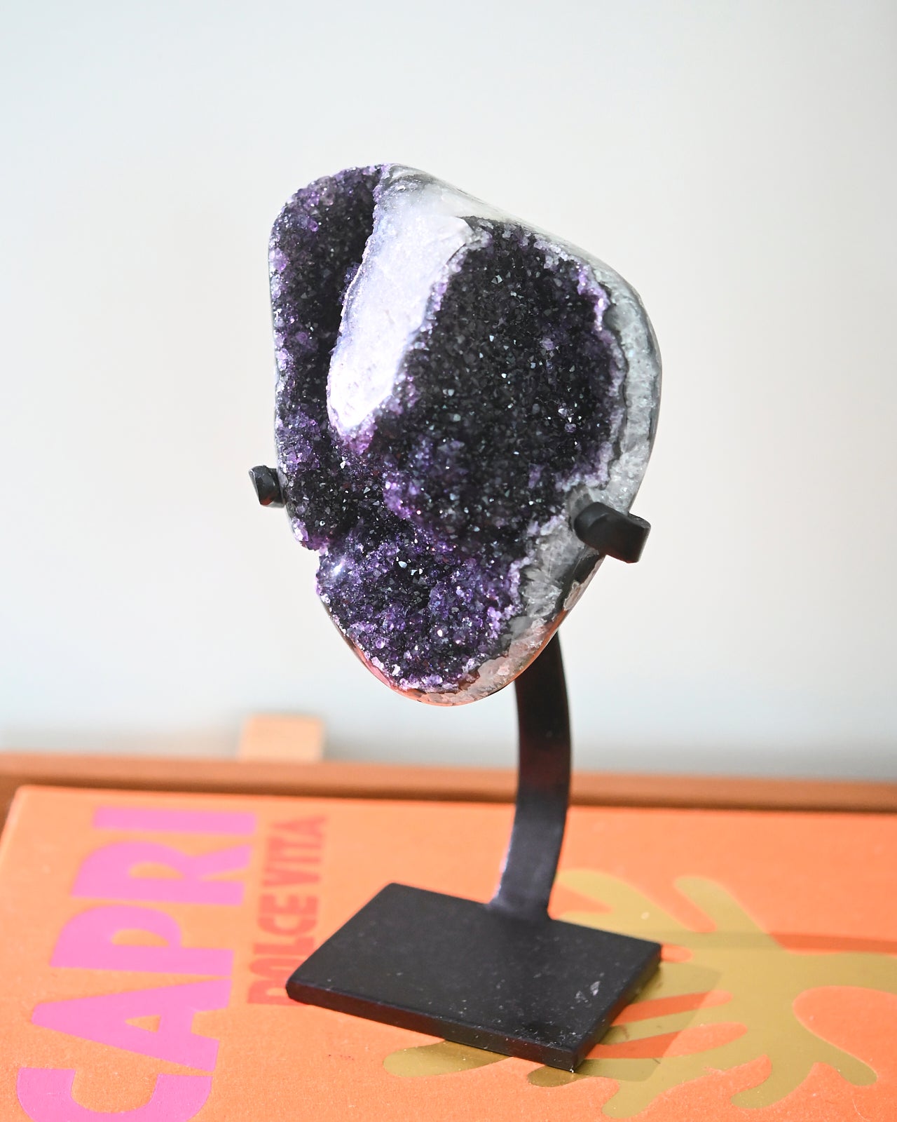 Natural Amethyst Crystal Geode on Wooden Stand - 4.8lbs Raw Purple Quartz Cluster for Home Decor, Meditation & Healing Crystal Gifts