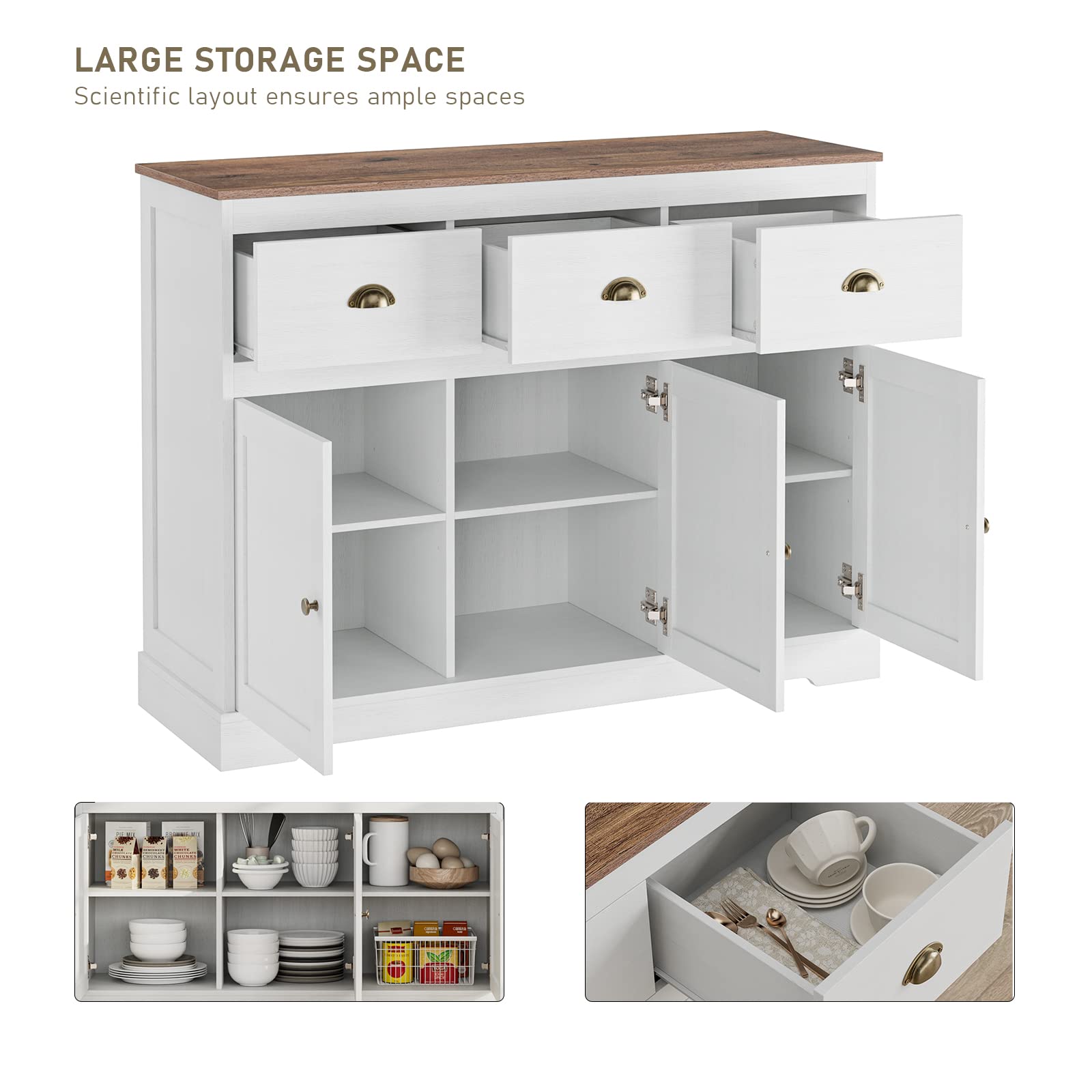 Farmhouse Style Buffet Cabinet with 3 Drawers & 3 Doors - Adjustable Shelves Kitchen Storage Sideboard, Wine Bar Console Table for Dining & Living Room - Antique White Finish | Perfect for Dining Room Storage, Kitchen Organization & Home Decor