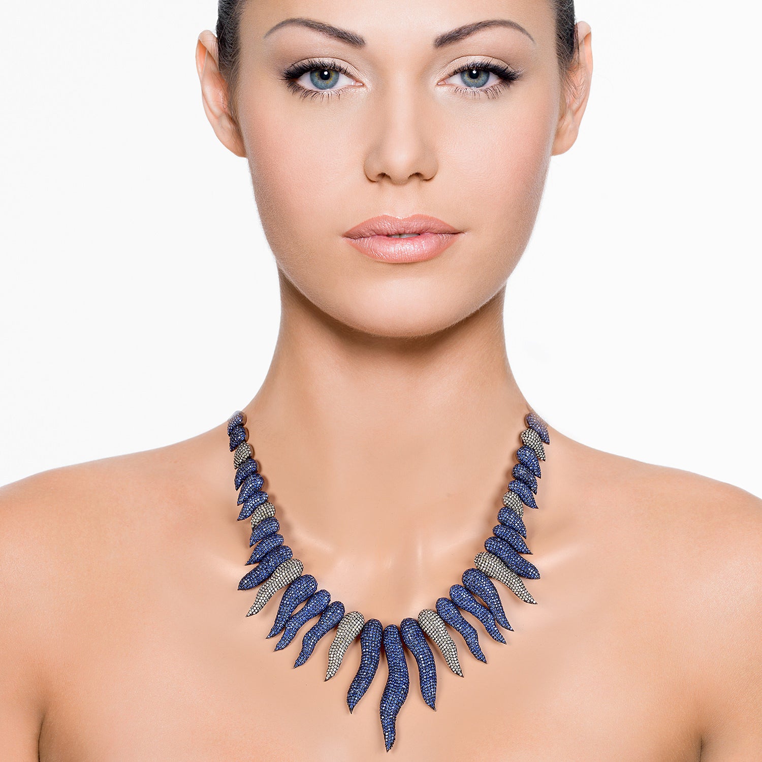 14K Yellow Gold & Silver Blue Sapphire Pave Diamond Designer Collar Necklace for Women - Elegant Statement Jewelry for Weddings, Parties & Special Occasions