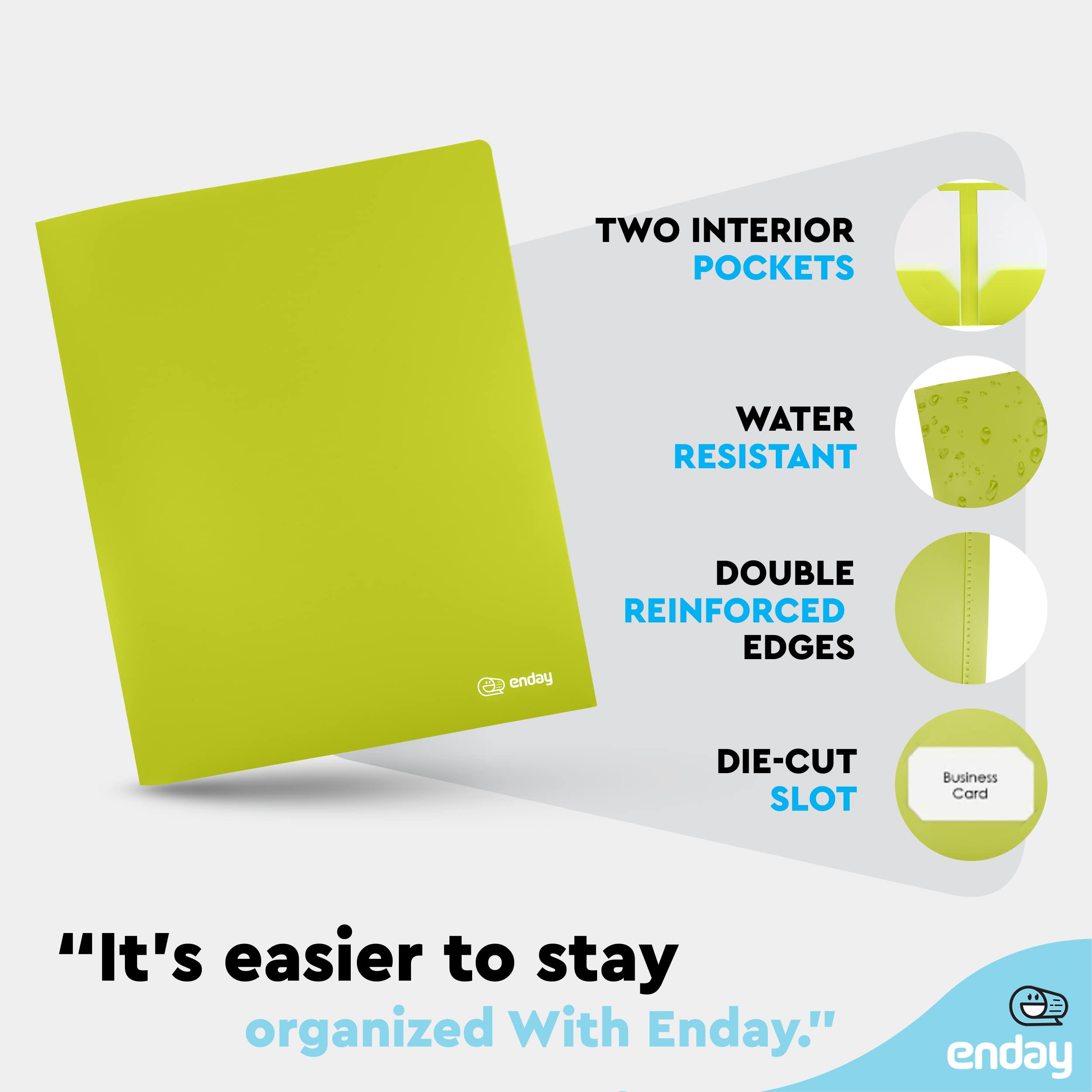 Durable 2-Pocket Plastic File Folders for School & Office - Letter Size, Heavy Duty Poly Portfolio in Green, Purple, Blue, Red, Pink & Grey (1-Pack) by Enday - Perfect for Organizing Documents, Homework & Office Papers