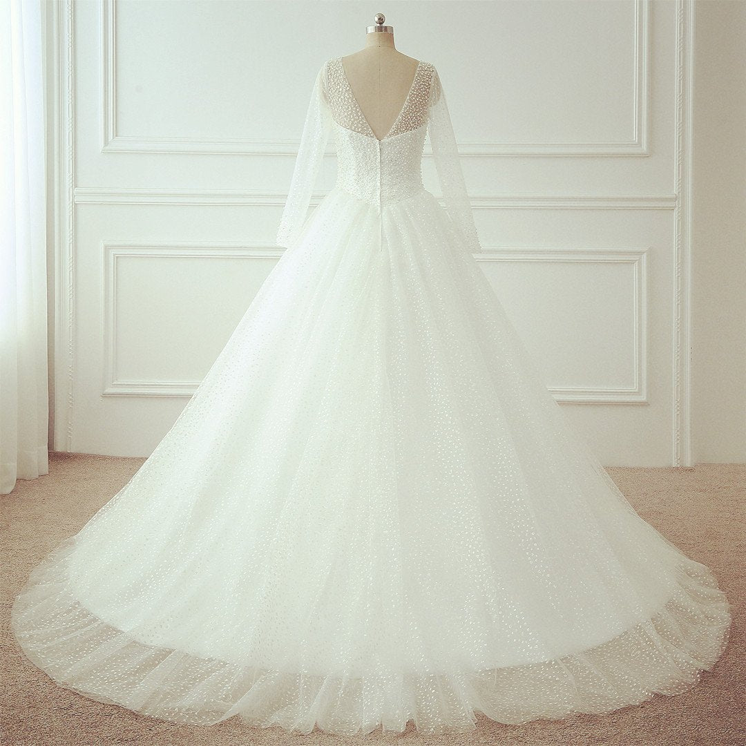 Sparkling Long Sleeve Wedding Dress Ball Gown with Pearl & Sequins Beading - Elegant Bridal Gown for Church, Formal Events & Winter Weddings