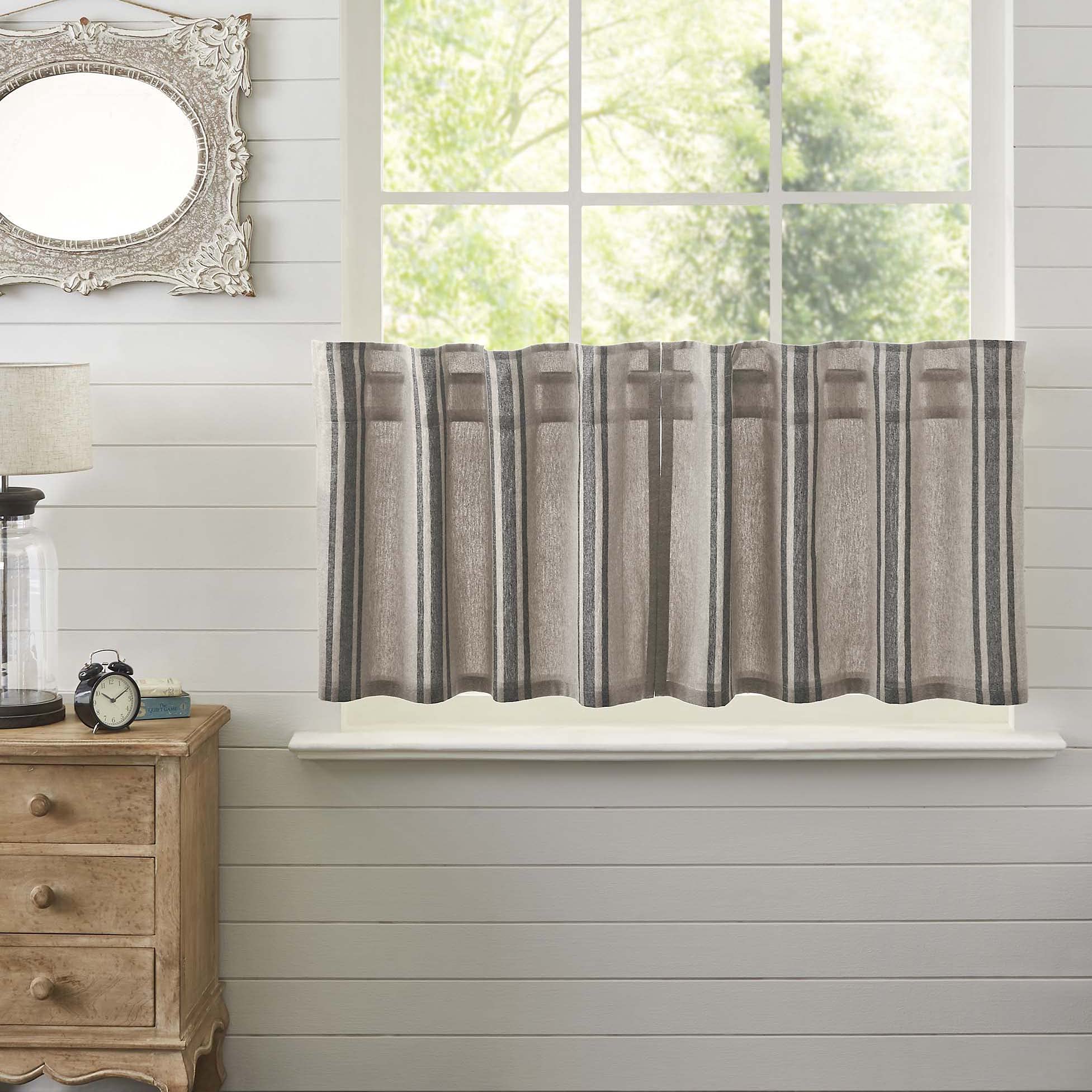 VHC Brands Farmhouse Kitchen Curtain Set - Grain Sack Charcoal Black Stripe Tier Curtains 24x37 for Rustic Country Style Windows & Cozy Home Decor