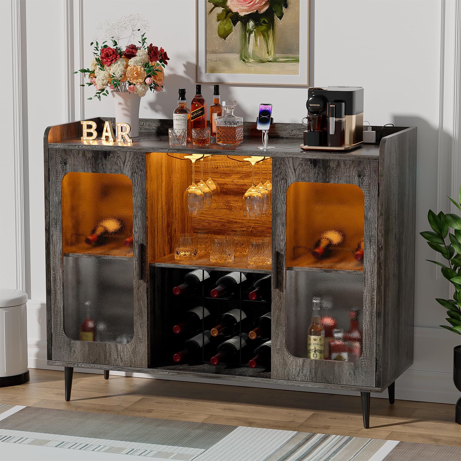 Black Oak Liquor Cabinet Bar with Power Outlet & LED Lights - Wine Storage Cabinet with Glass Rack for Kitchen, Dining Room - Perfect for Home Bars, Entertaining Guests & Wine Storage