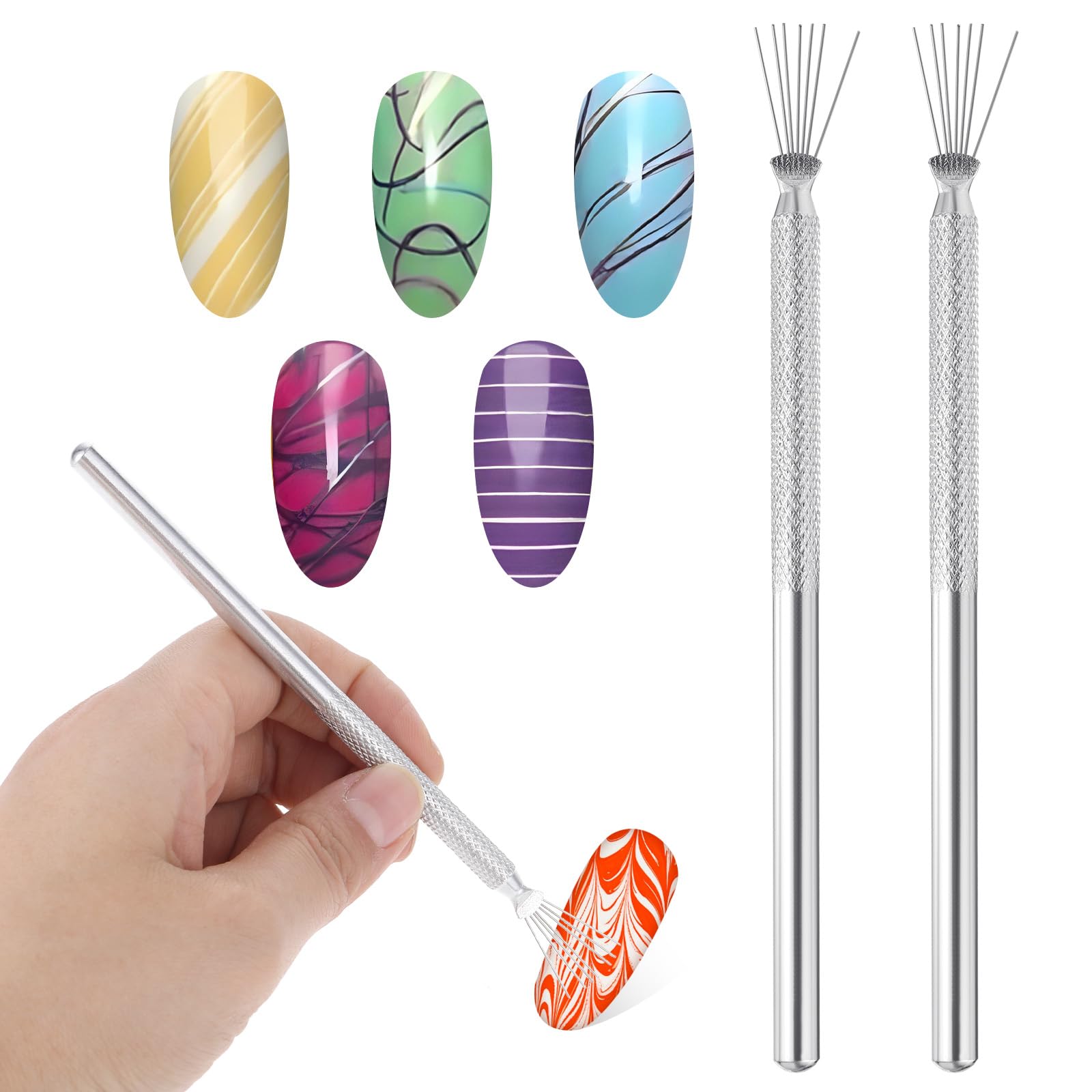 2 Pcs 7-Pin Nail Liner Art Tool Kit - Stainless Steel Bendable Needle Pen for Spider Web & Stripe Designs - Professional Nail Art Brushes for Salon & Home Manicure - Perfect for Halloween, Cosplay & Creative Nail Art