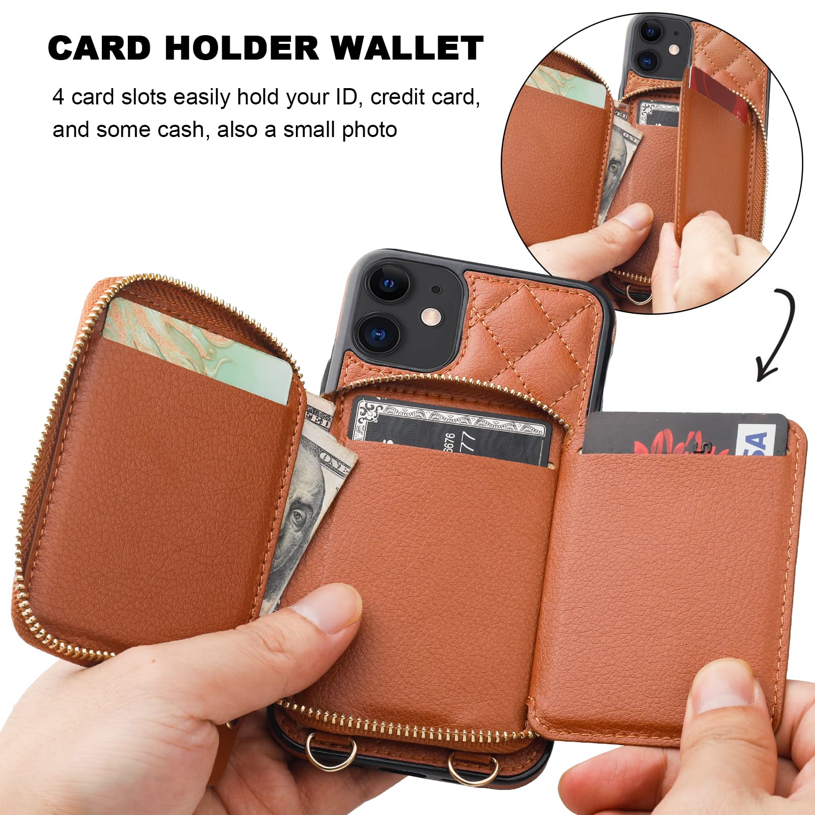 RFID Blocking PU Leather Crossbody Wallet Case for iPhone 11 - Zipper Handbag Purse with Card Slots, Kickstand & Wrist Strap (6.1 Inch, Brown) | Perfect for Travel, Shopping & Everyday Use