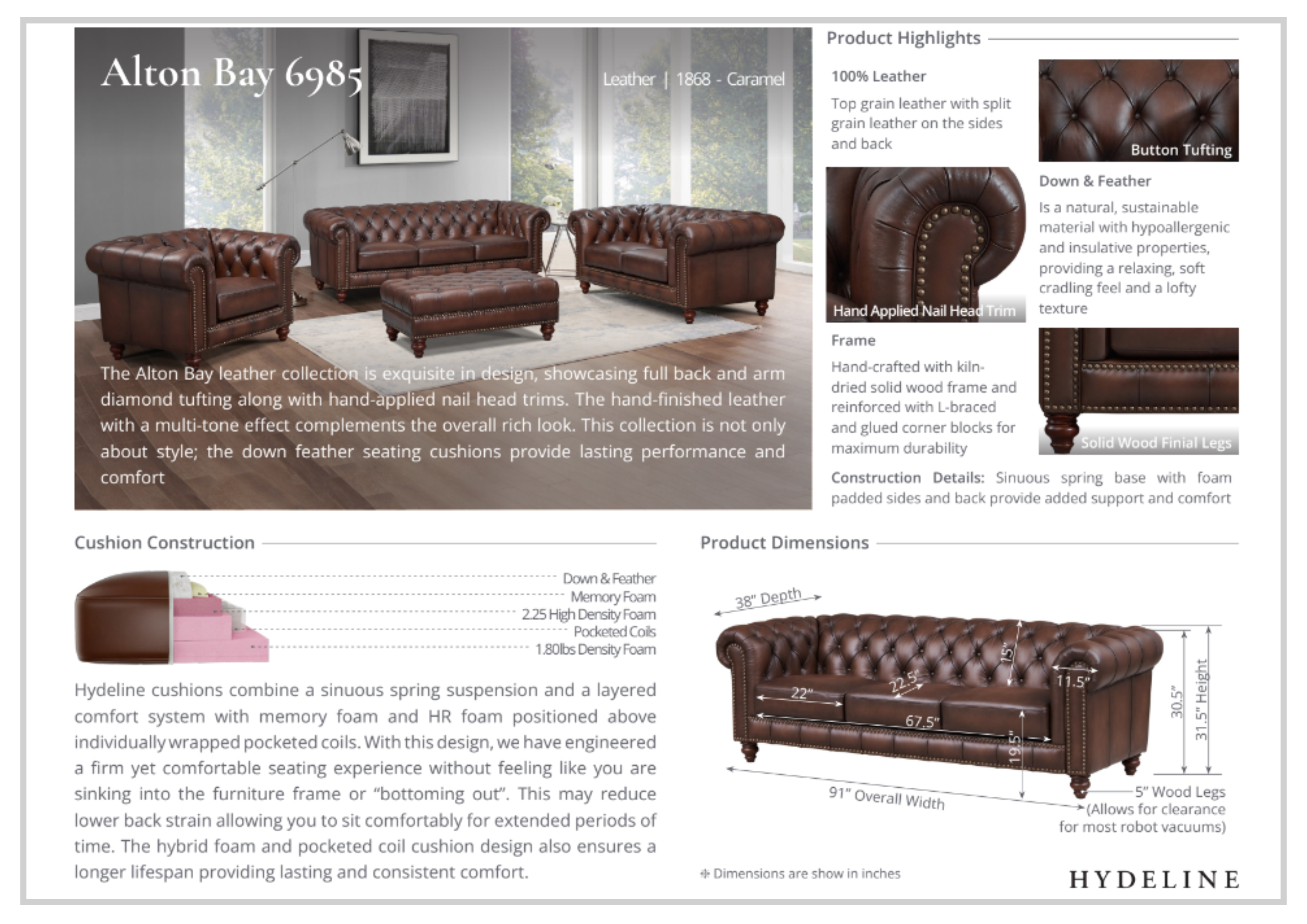 Premium Hydeline Alton Bay Tufted Leather Chair with Nailhead Trim - Stylish Living Room Seating for Home Office & Lounge Comfort