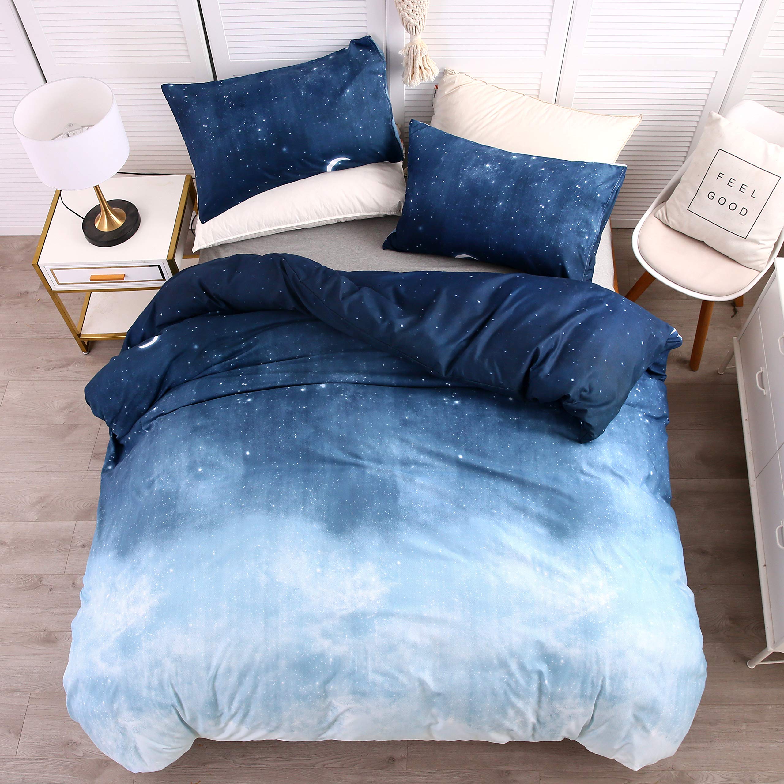 Premium Galaxy Duvet Cover Set Twin Size - Moon & Star Gradient Pattern Soft Luxury Bedding (1 Duvet Cover + 2 Pillowcases) Blue - Perfect for Kids' Rooms, Teen Bedrooms & Space-Themed Decor