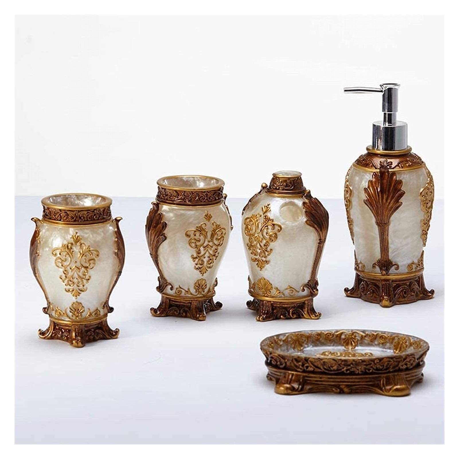 GANE 5-Piece Antique Metal Coated Soap Dispenser Set with 3D Embossed Pattern - Elegant Bathroom & Hotel Decor Accessories - Perfect for Luxury Homes, Spas and Restrooms