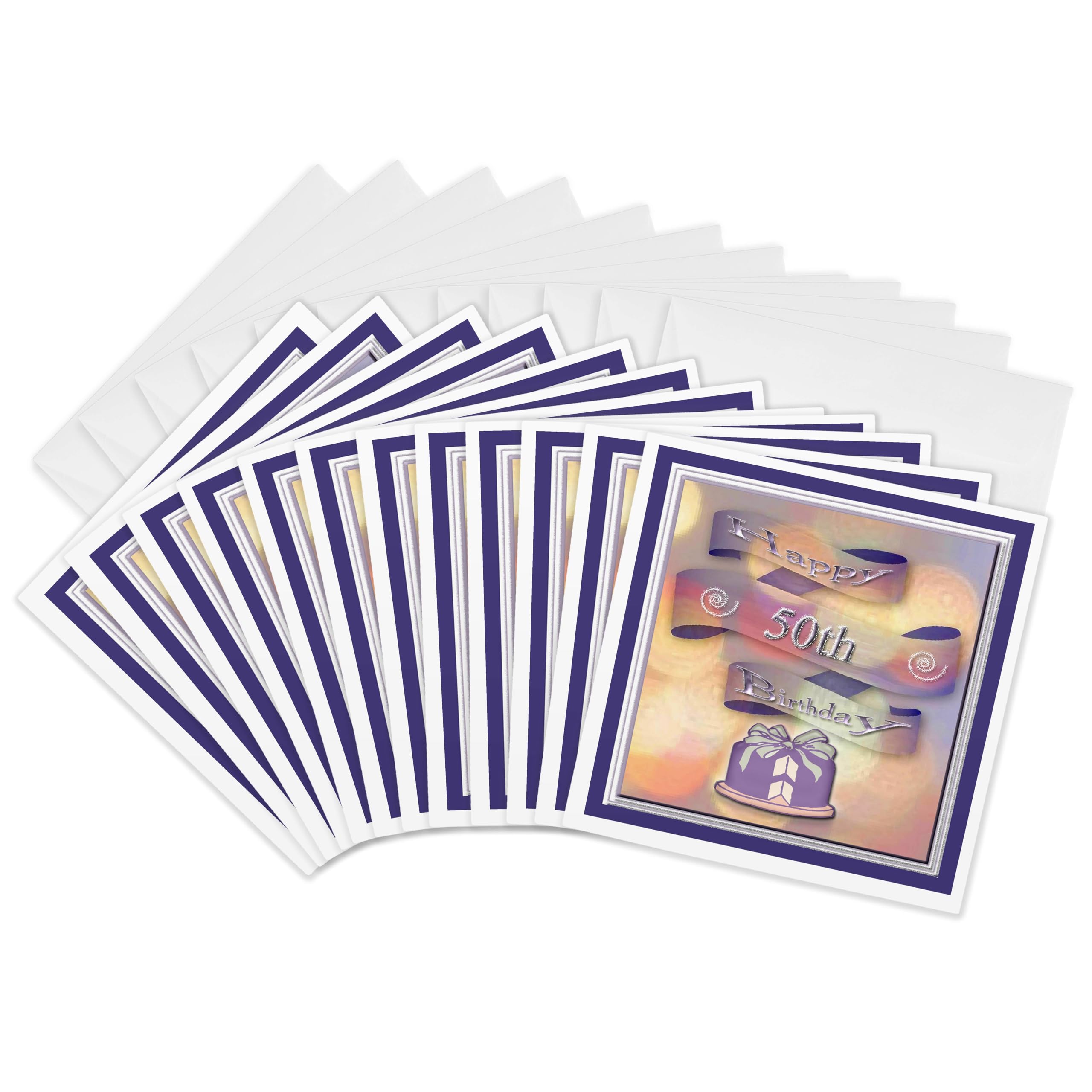 3dRose Happy 50th Birthday Greeting Cards Set - 12 Pack of 6x6 Inch Ribbon and Cake Design Cards (gc_24379_2) | Perfect for Milestone Birthday Celebrations, Anniversaries & Special Occasions