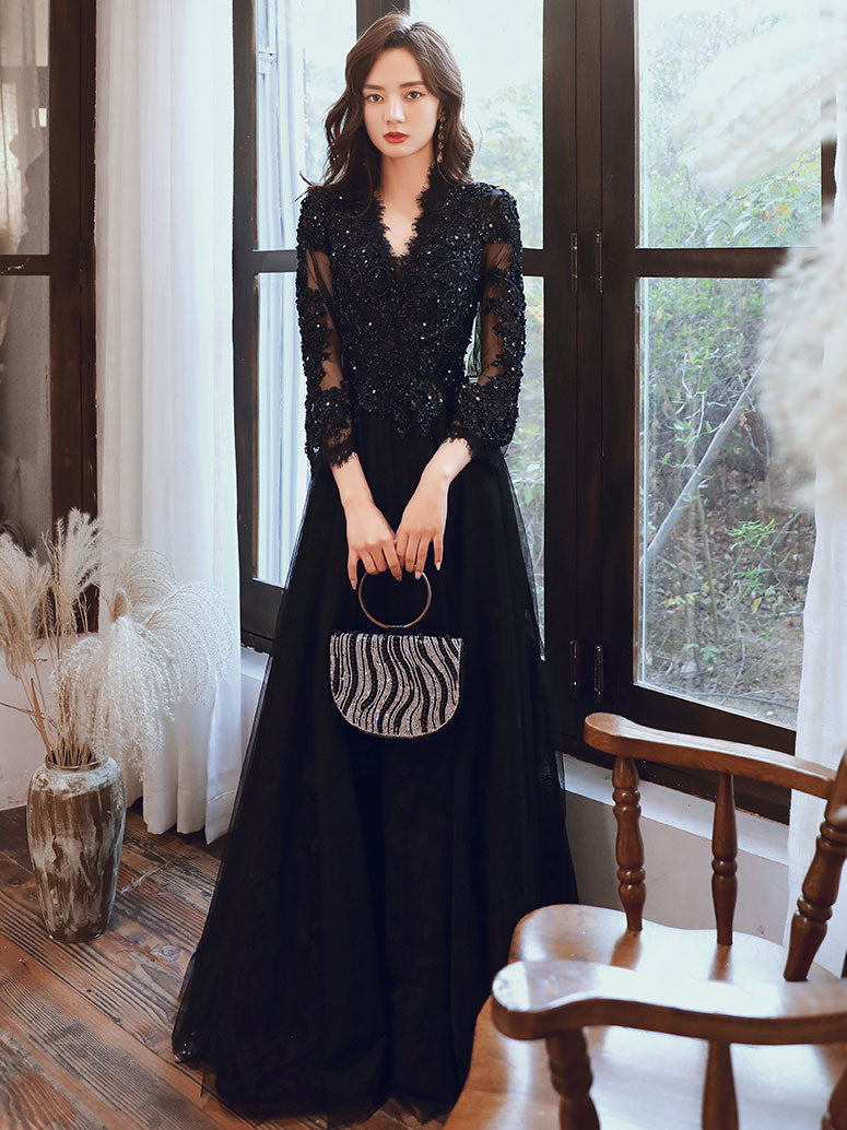 Elegant Black V-Neck Tulle Lace Beaded Long Prom Dress - Formal Evening Gown for Homecoming, Wedding, and Special Occasions