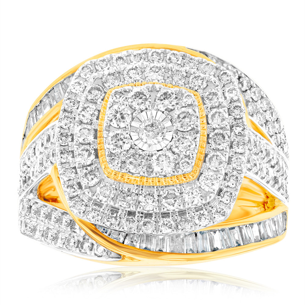 9ct Yellow Gold 2 Carat Diamond Dress Ring with Brilliant & Baguette Cut - Elegant Wedding Band, Anniversary Gift for Her - Perfect for Evening Parties, Date Nights & Special Occasions