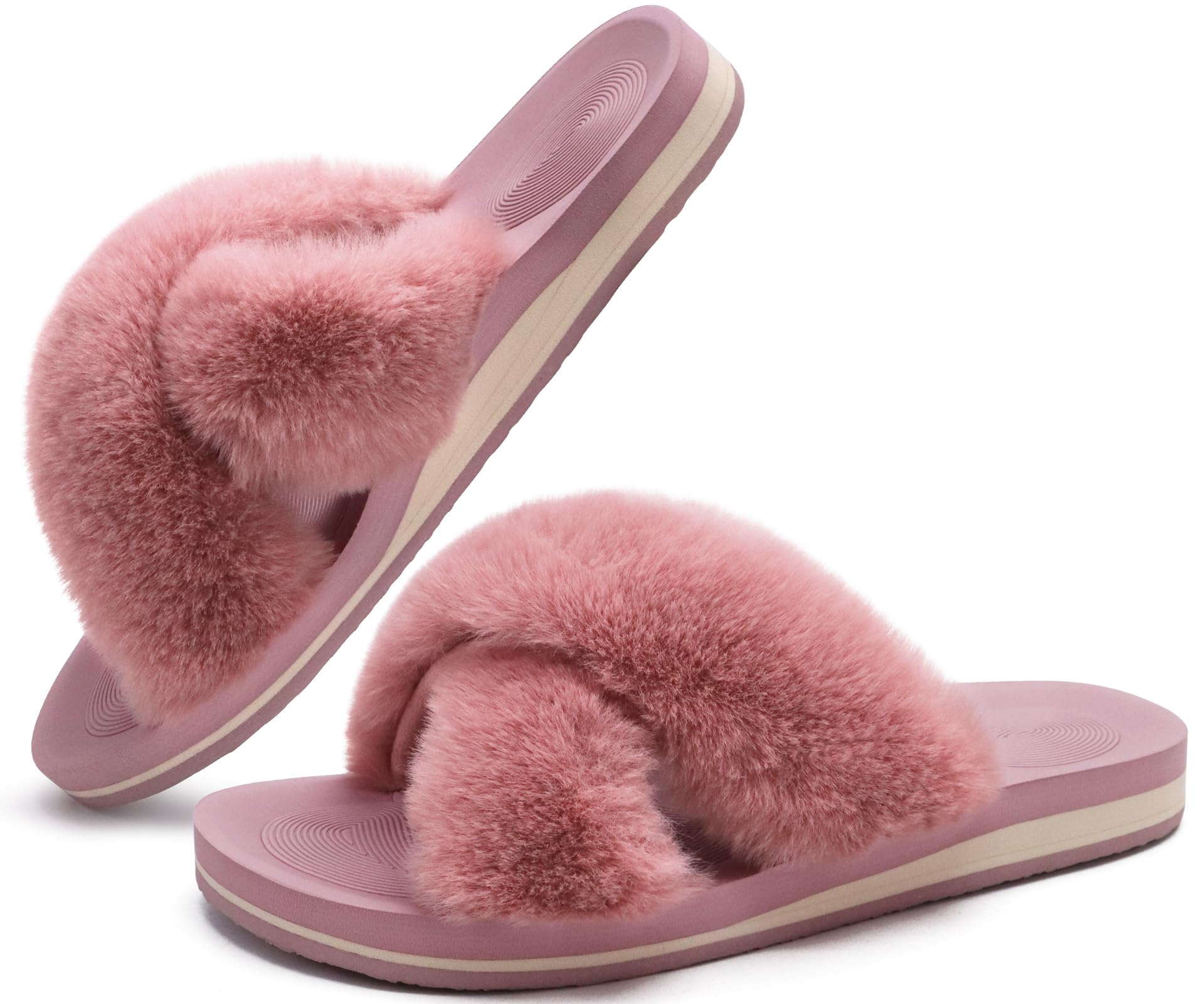 COFACE Women's Fuzzy Slides - Fluffy Faux Fur House Slippers with Arch Support, Open Toe Sandals for Indoor/Outdoor Use - Perfect for Yoga, Lounging & Home Comfort