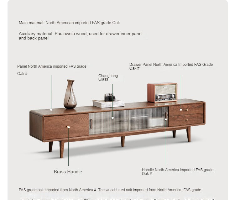 Solid Oak Wood TV Stand with Glass Sliding Doors - Modern Entertainment Center for Living Room, Bedroom & Home Theater