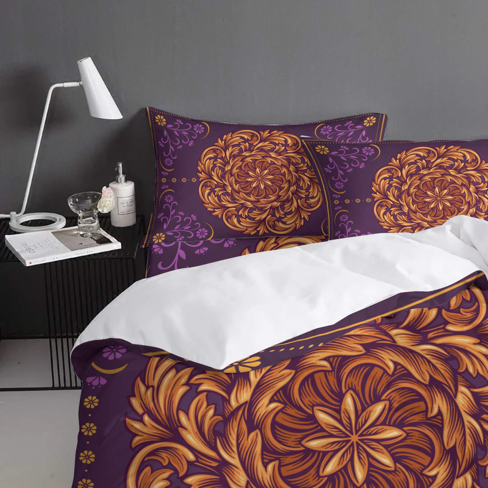 4-Piece Boho Mandala Floral Quilt Cover Set - Soft Round Golden Purple & Orange Flower Lace Bedding with Pillowcases (Full Size) for Cozy Bedroom Decor, Guest Room Makeover & Bohemian Style Home