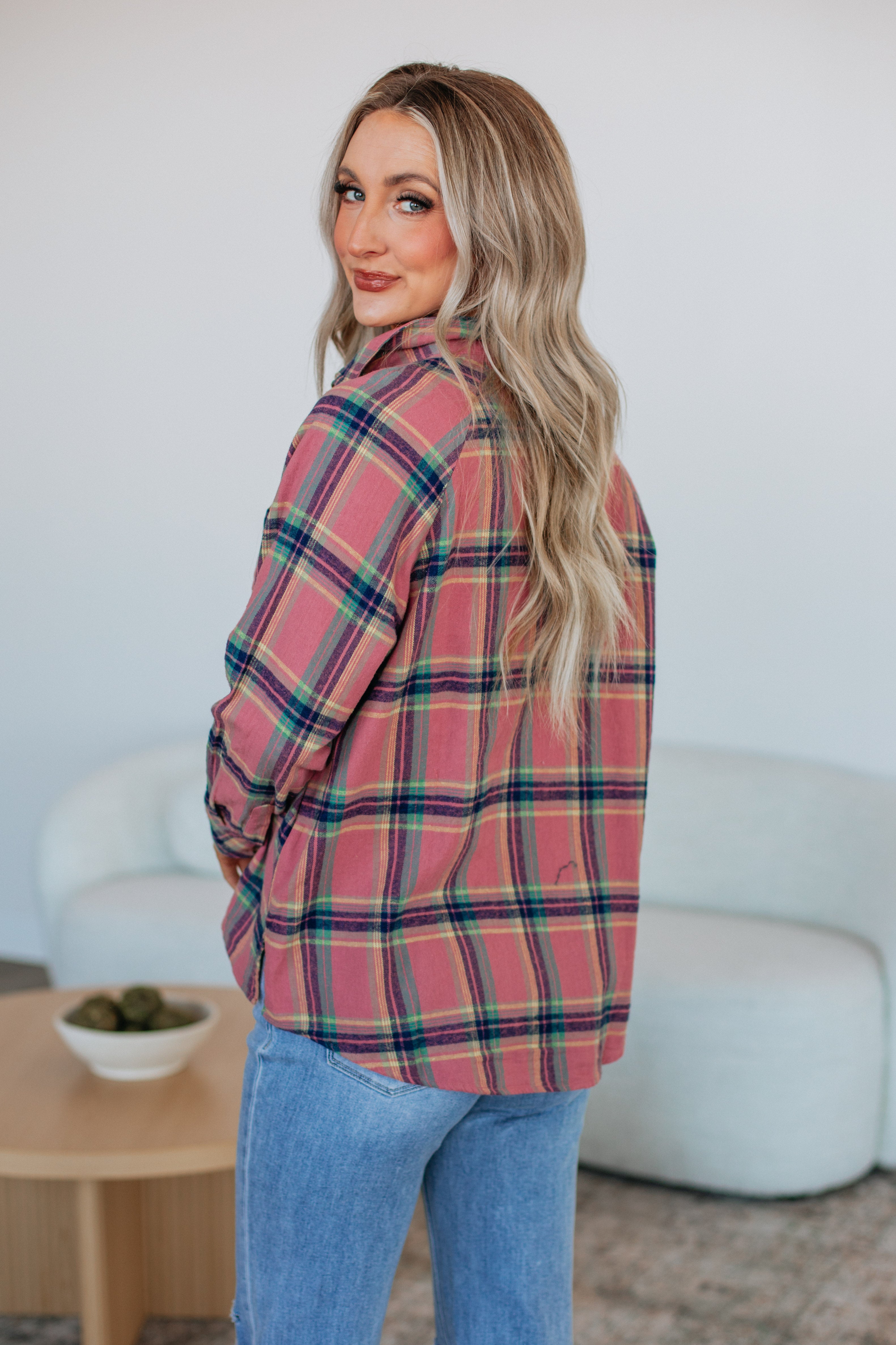 Jema Women's Flannel Shirt Top - Soft Plaid Rose Mix Pattern for Casual Wear & Outdoor Activities