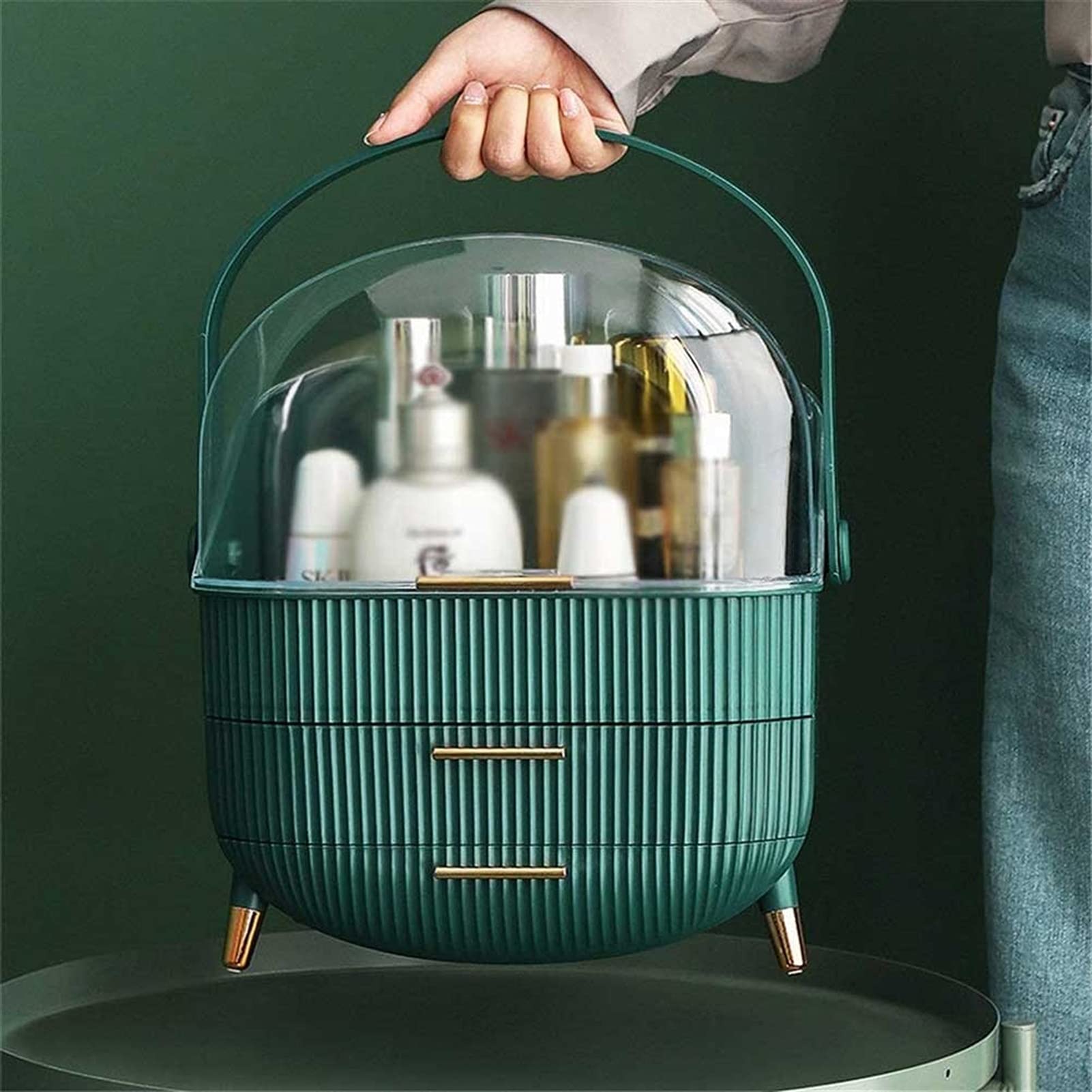 Portable Multifunctional Open Makeup Organizer - Large Capacity Cosmetic Storage Box with Drawers, Waterproof & Dustproof Desktop Organizer for Makeup Brushes, Jewelry, Office Supplies (Green) | Perfect for Vanity, Bathroom, Travel & Home Organization