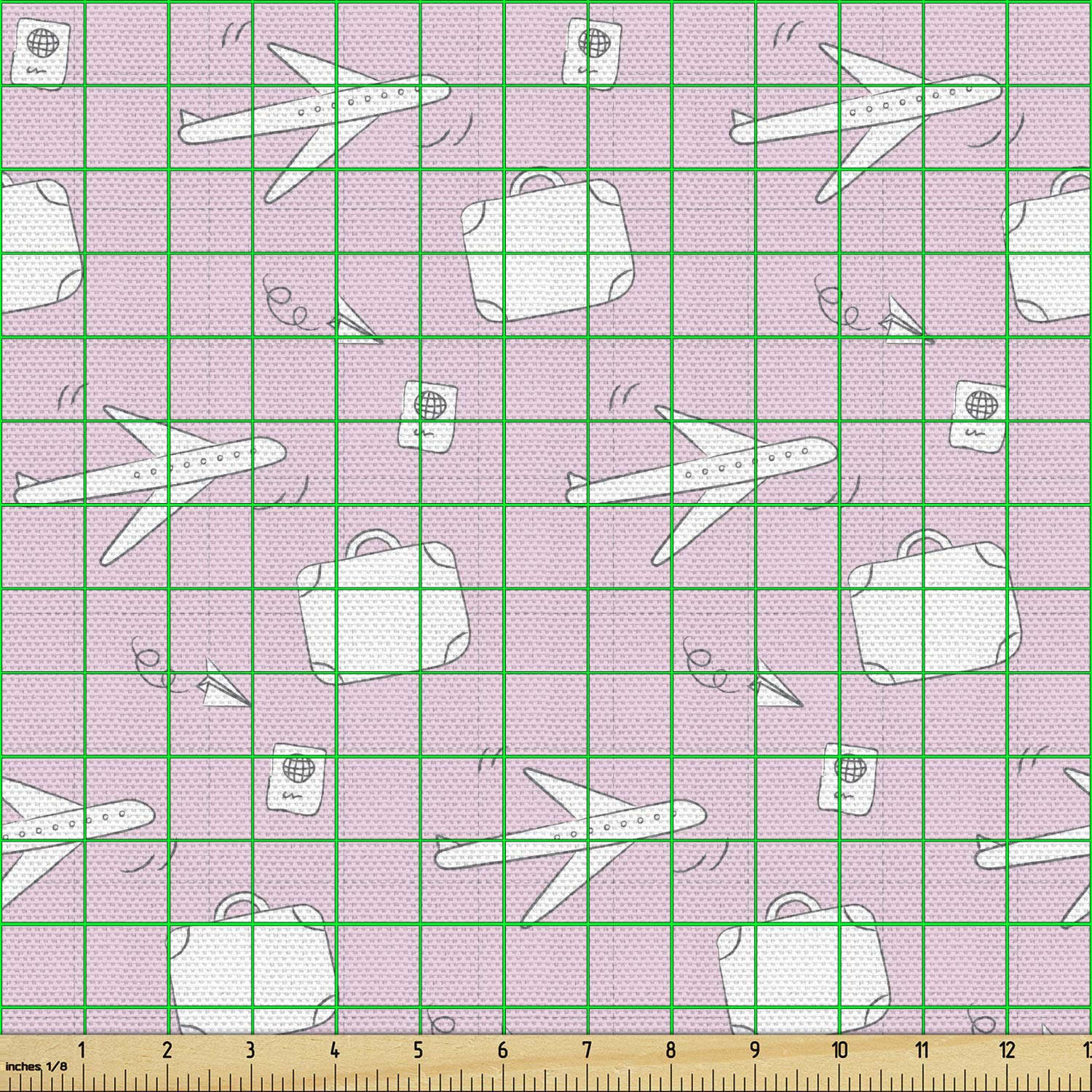 Ambesonne Travel-Themed Fabric by The Yard - Pastel Luggage, Suitcase & Passport Doodle Pattern - Decorative Upholstery Material for DIY Home Decor (5 Yards, Pale Pink/White) | Perfect for Pillow Covers, Curtains & Craft Projects