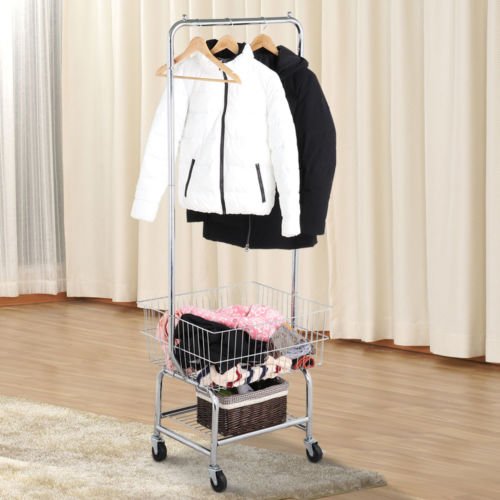Foldable Rolling Laundry Cart with Storage Baskets & Double Pole Rack - Space Saving Clothes Hamper Organizer for Bedroom, Laundry Room & Dorm (Silver)