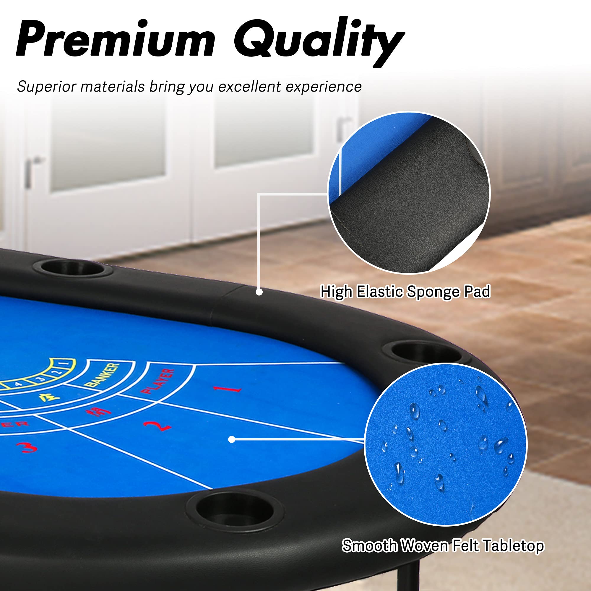 Foldable Poker Table with Cup Holders - Casino Style Texas Hold'em & Blackjack Game Table - Blue Speed Felt Surface - No Assembly Required - Perfect for Home Game Nights & Casino Parties