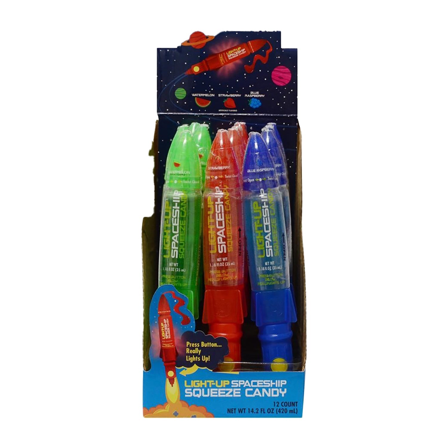 Glow in the Dark Light Up Spaceship Squeeze Candy - 12 Count Fun Pack for Kids | Perfect for Halloween Treats, Birthday Party Favors & Classroom Rewards